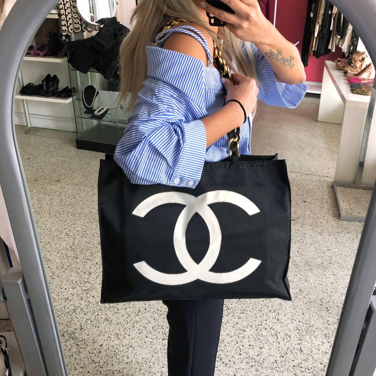 Chanel Vintage Black Nylon CC Logo Tote Bag with Gold Chain Straps, 1991