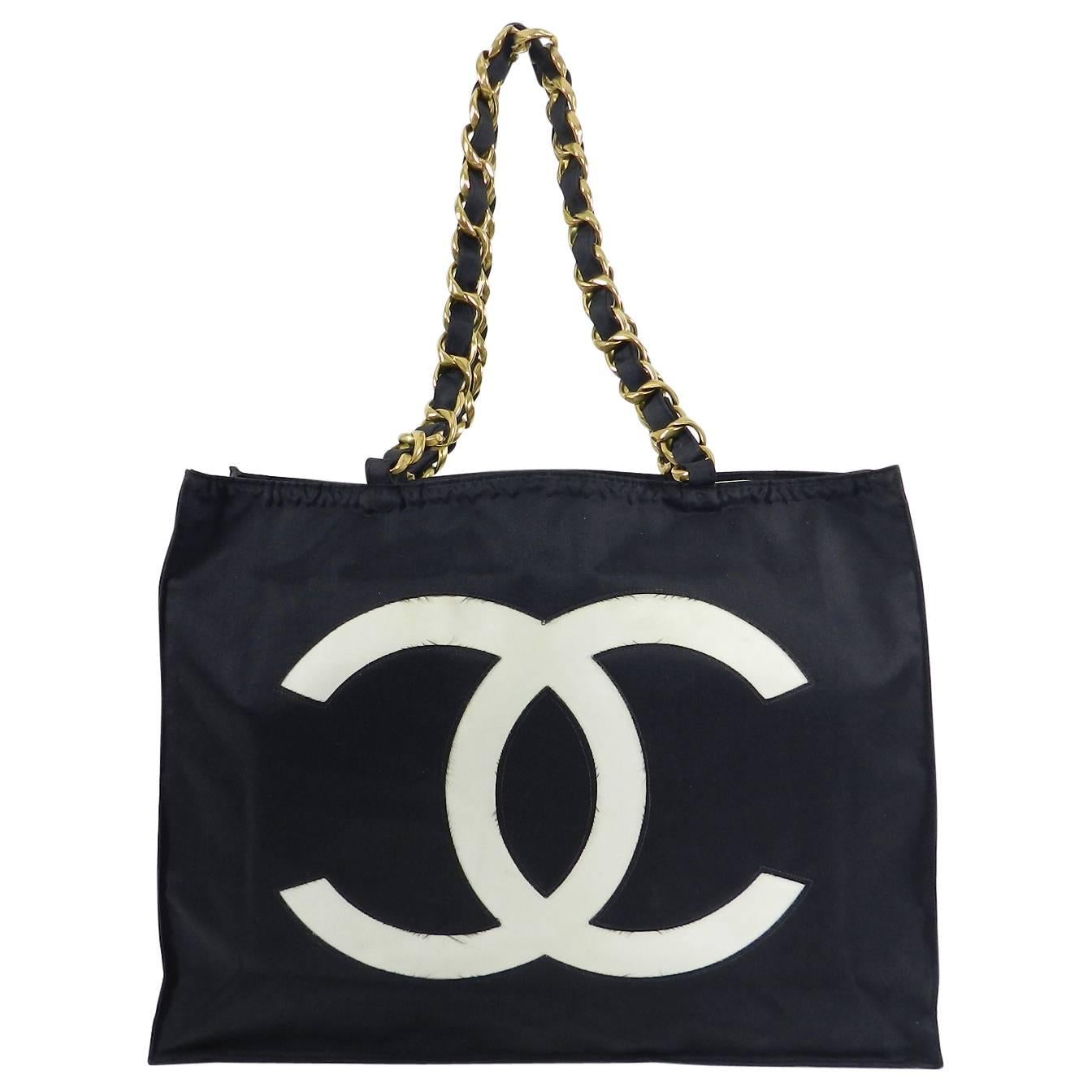 Chanel Vintage Black Nylon CC Logo Tote Bag with Gold Chain Straps, 1991
