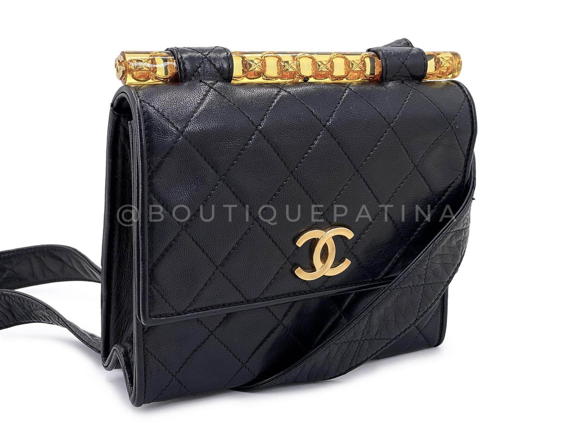 Chanel Vintage 1991 Black Resin Bar Crossbody Quilted Flap Bag 68436