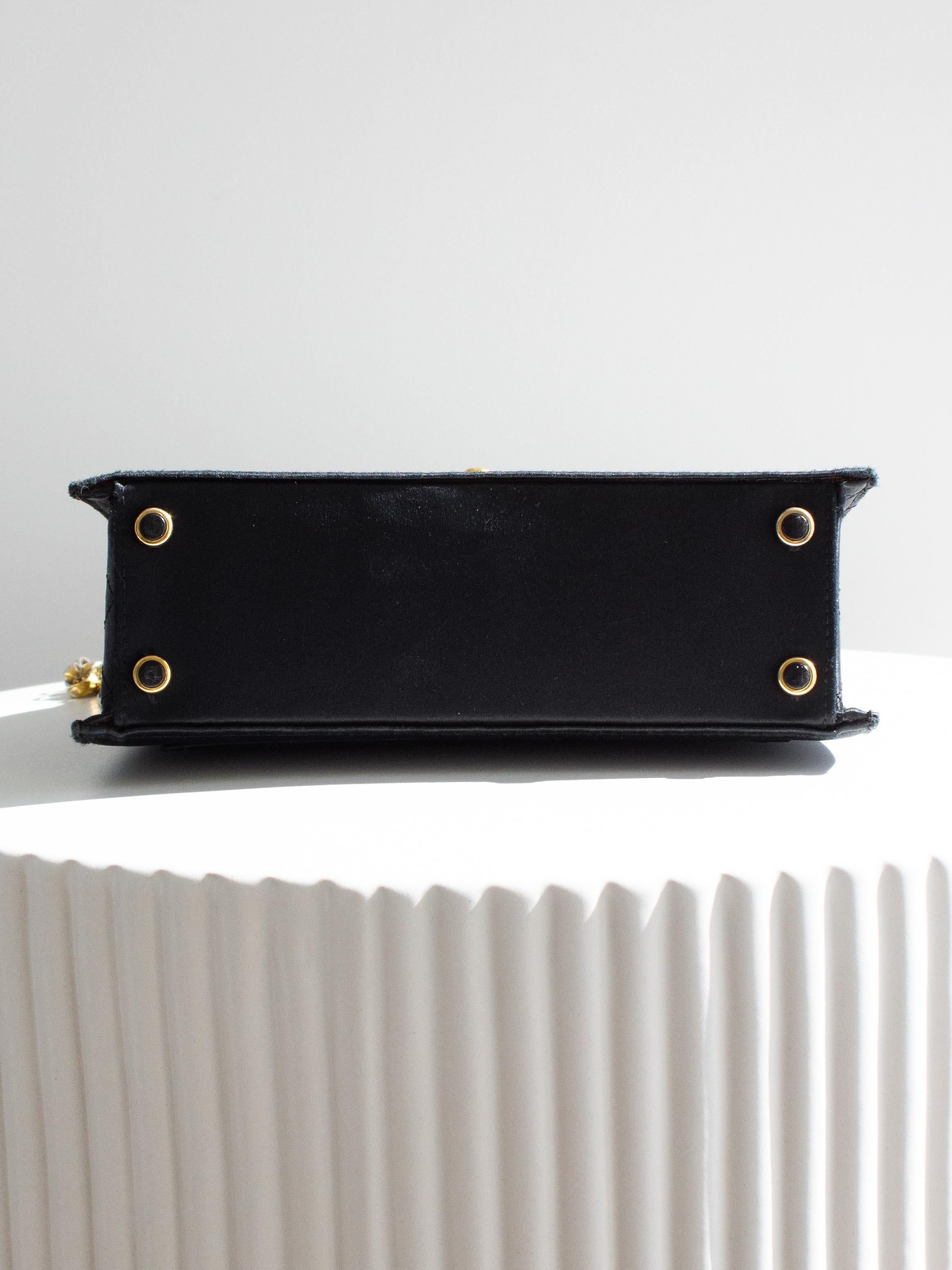Chanel Vintage 1991 Black Satin Quilted Lambskin Trapezoid 24K Gold CC Bag For Sale 7