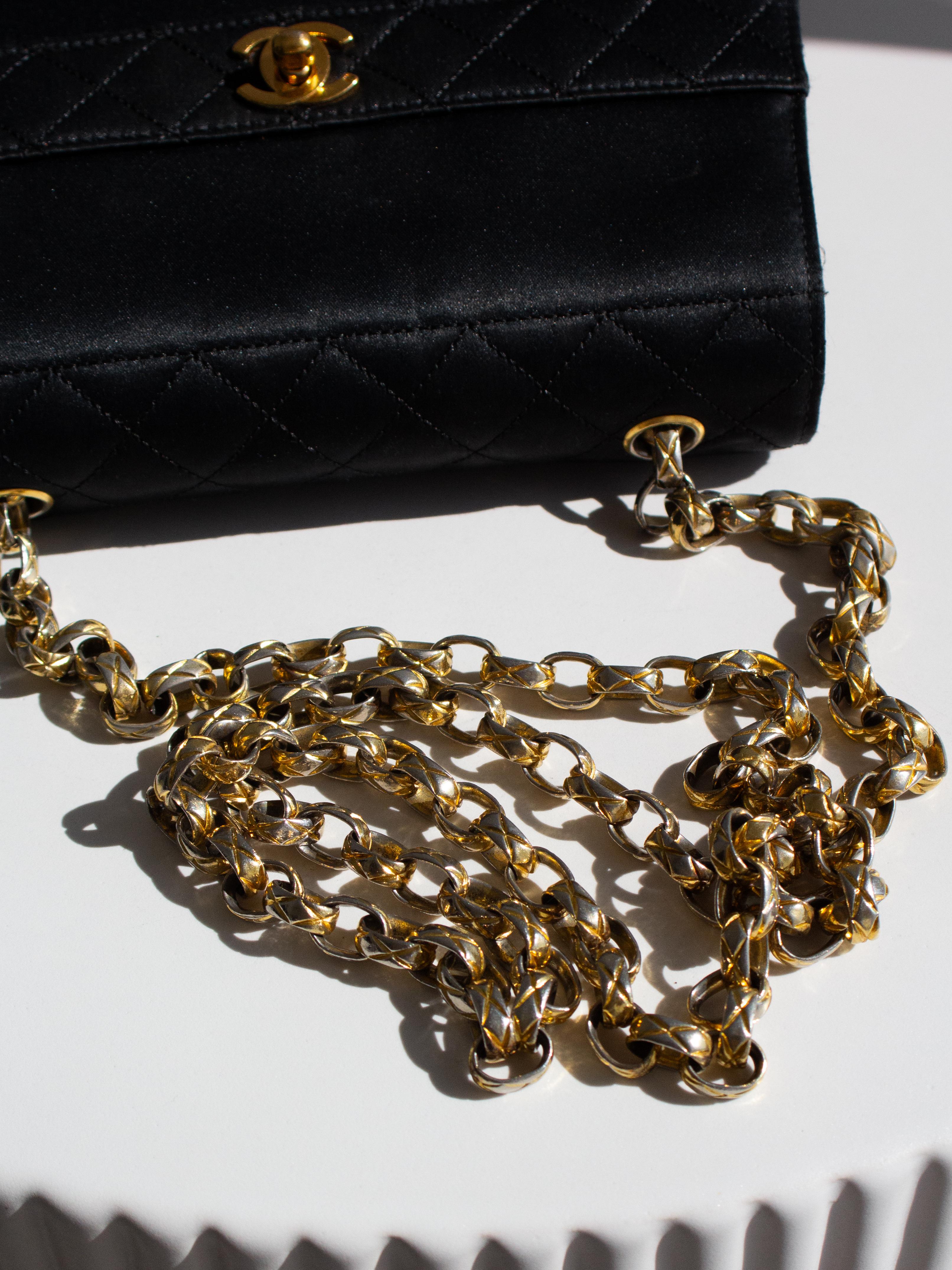 Chanel Vintage 1991 Black Satin Quilted Lambskin Trapezoid 24K Gold CC Bag For Sale 8