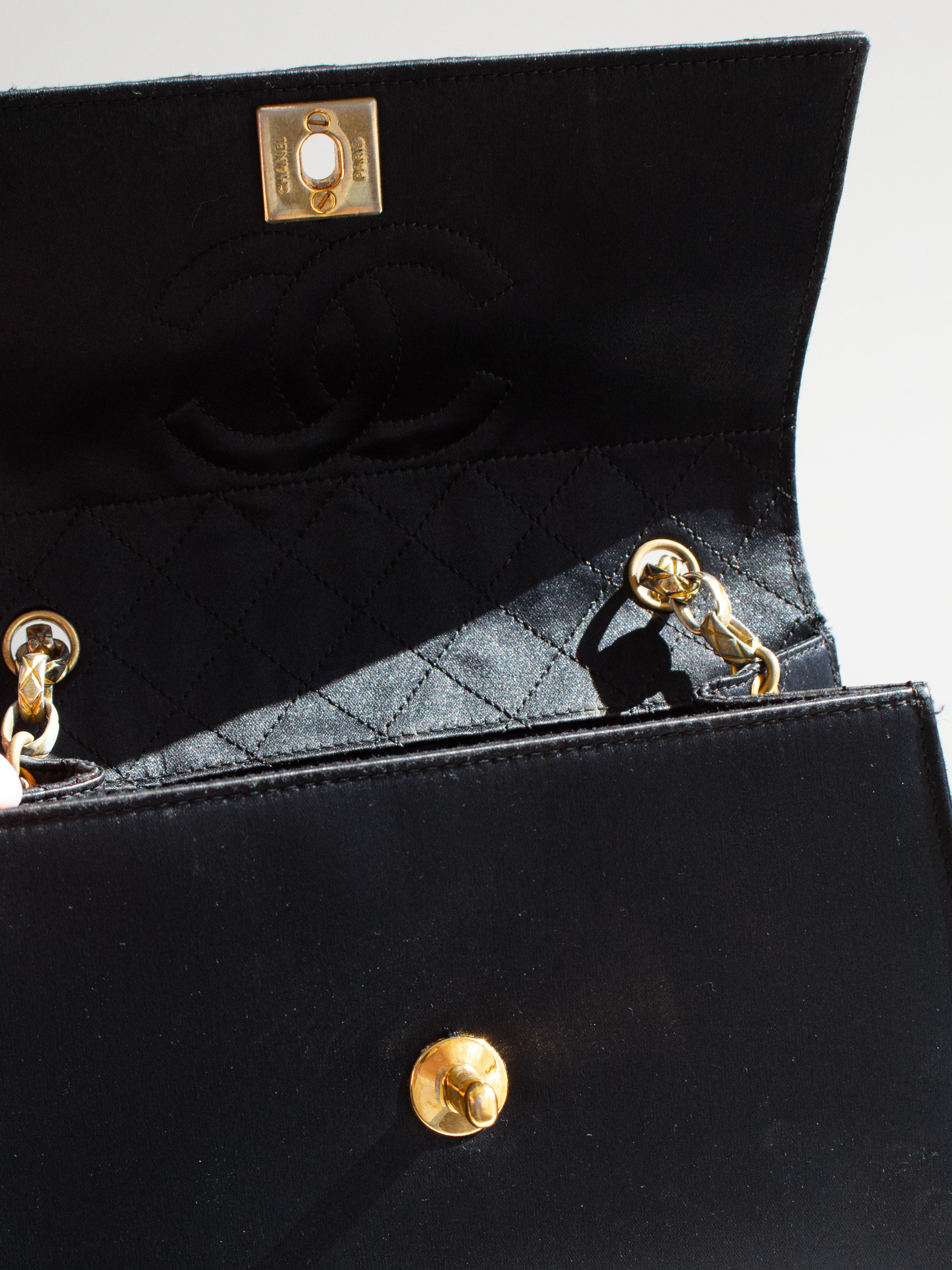 Chanel Vintage 1991 Black Satin Quilted Lambskin Trapezoid 24K Gold CC Bag For Sale 9