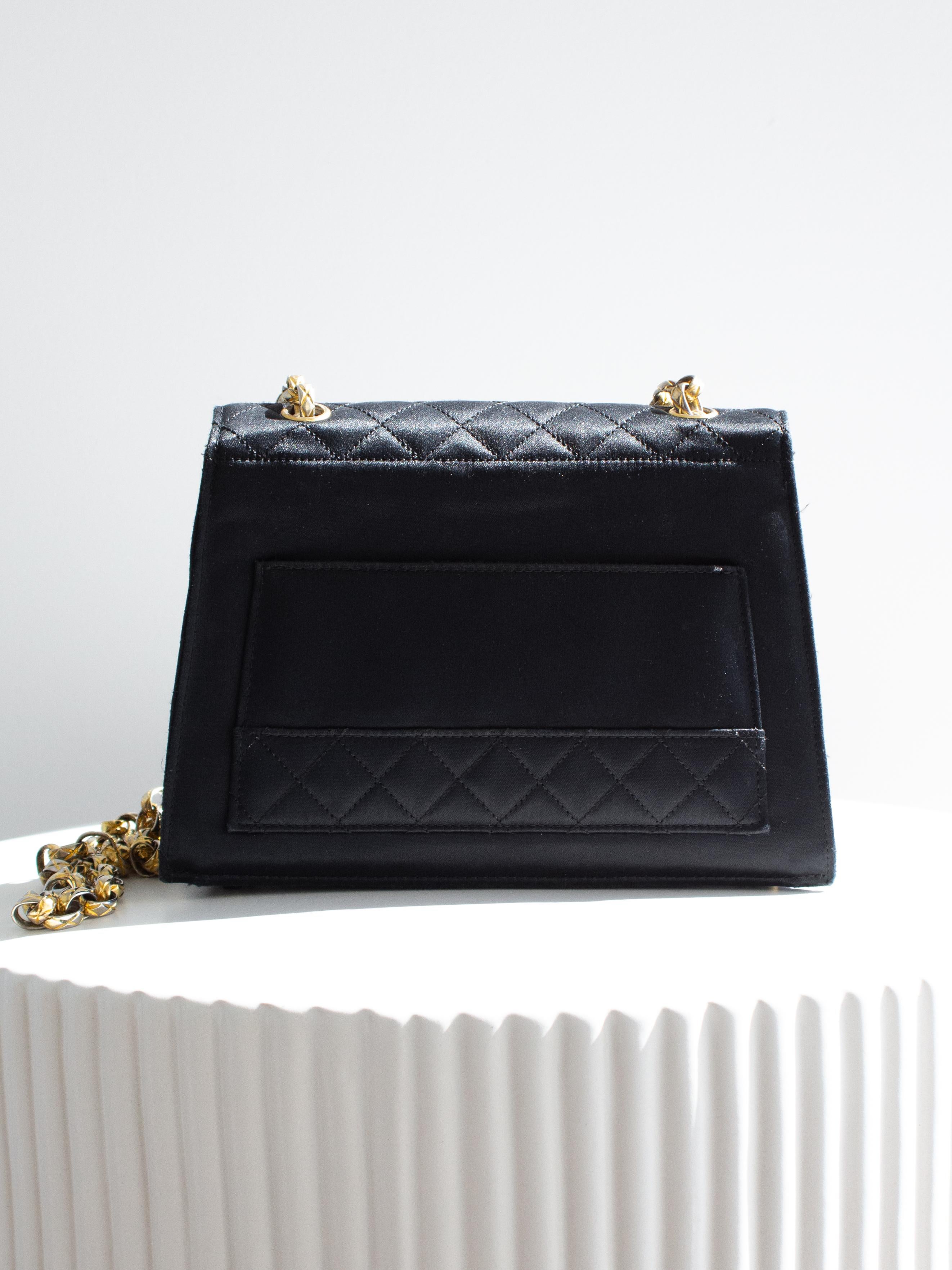 Chanel Vintage 1991 Black Satin Quilted Lambskin Trapezoid 24K Gold CC Bag For Sale 5