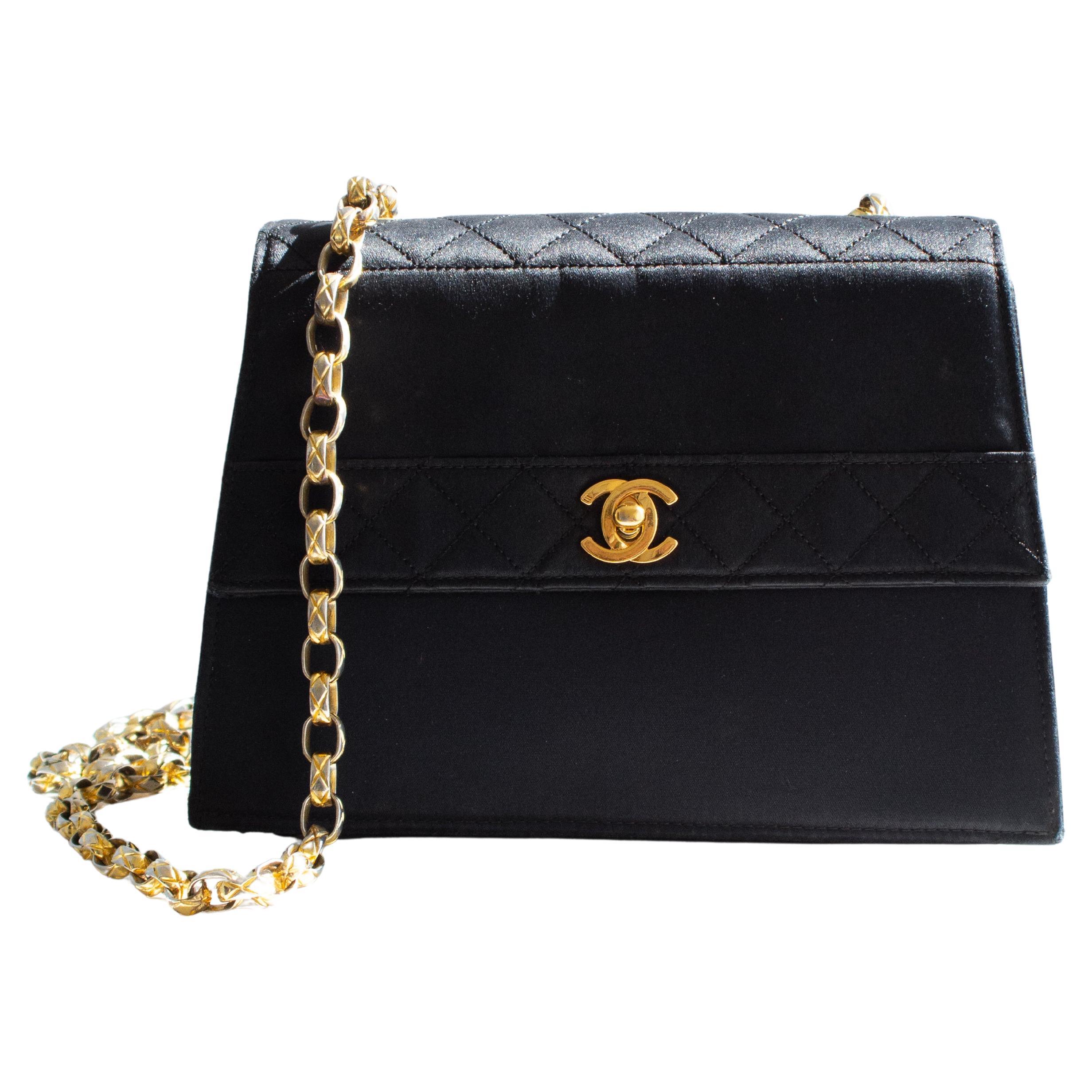 Chanel Vintage 1991 Black Satin Quilted Lambskin Trapezoid 24K Gold CC Bag For Sale