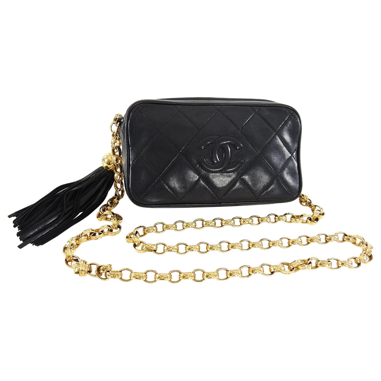 Chanel Black Vintage Quilted Lambskin Tassel Shoulder Bag Chanel