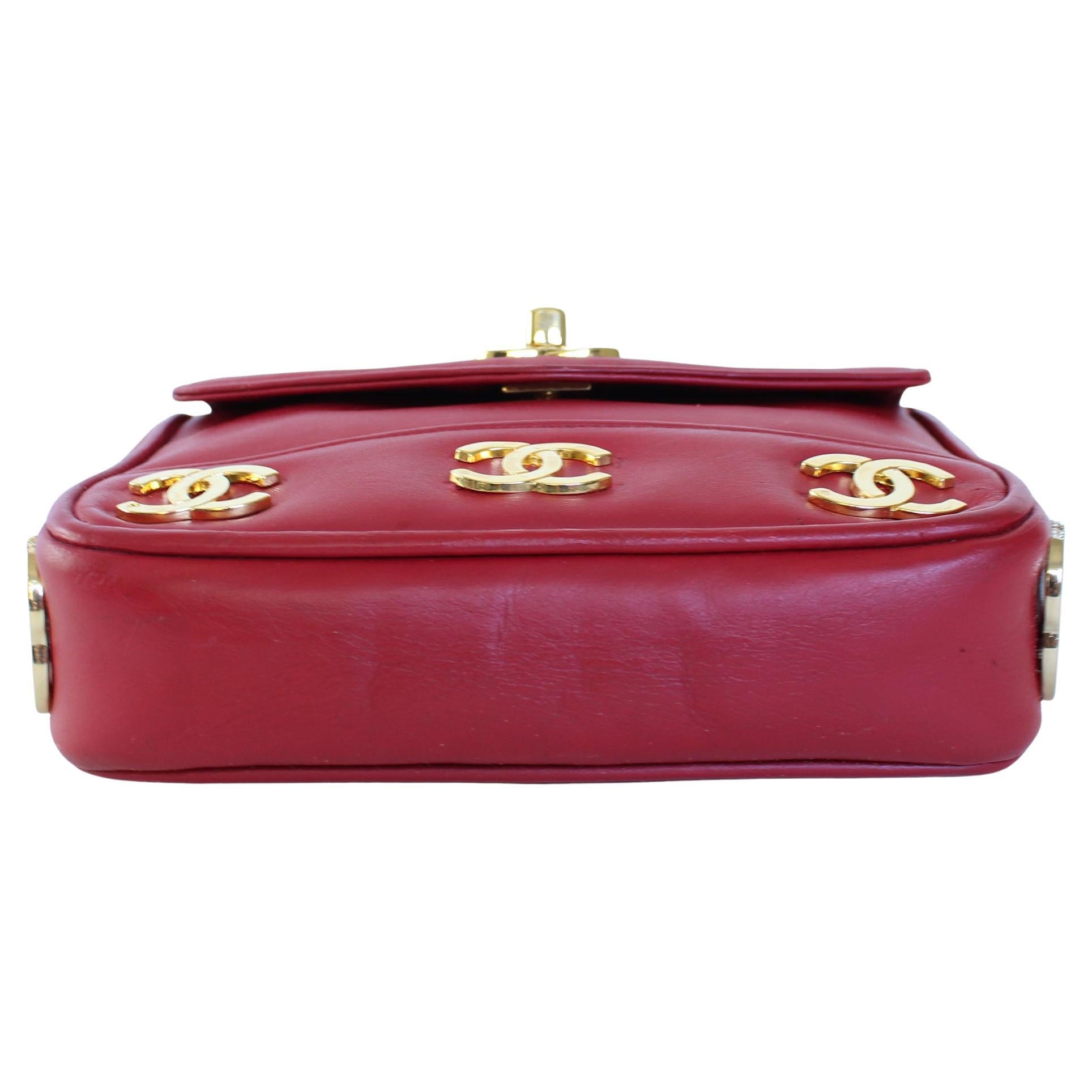 Chanel Vintage 1991 Rare Red Triple Cc Logos Waist Belt Fanny Pack Bum Bag  For Sale 4