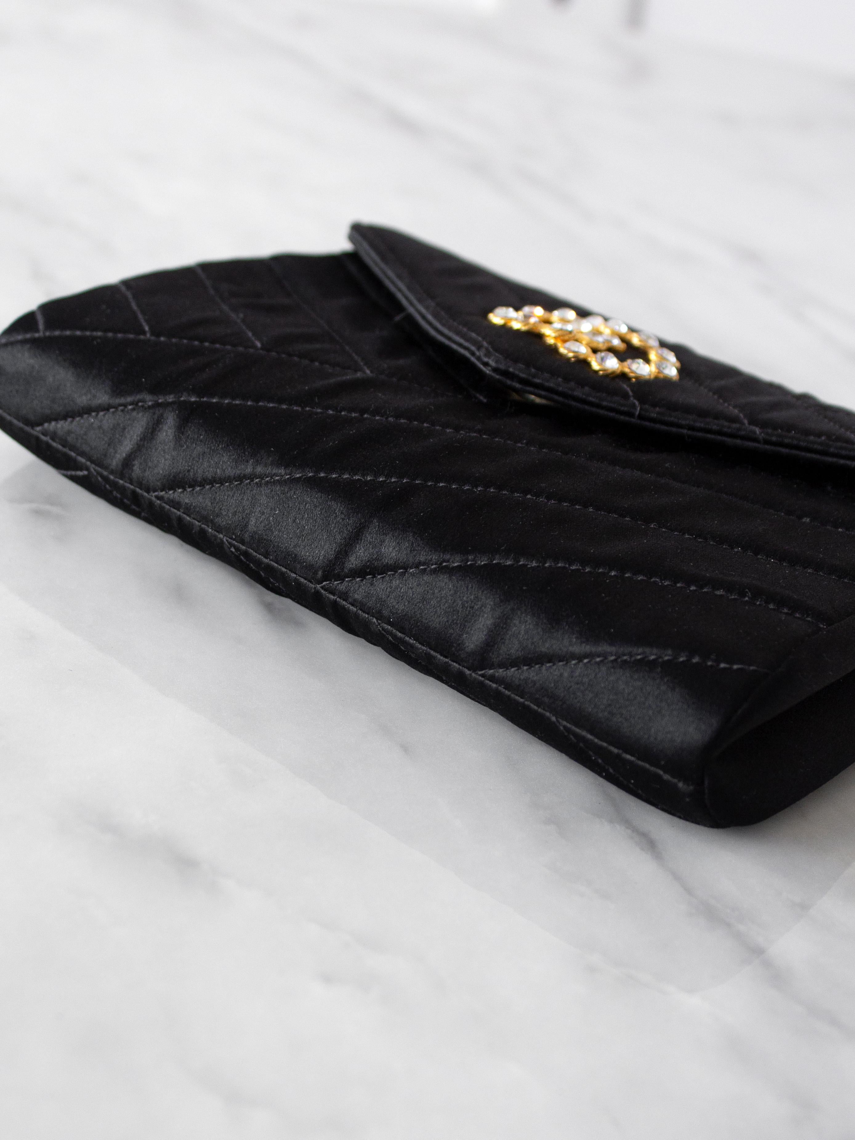 Chanel Vintage 1992 Black Gold Crystal Embellished CC Satin Diagonal Evening Bag For Sale 2