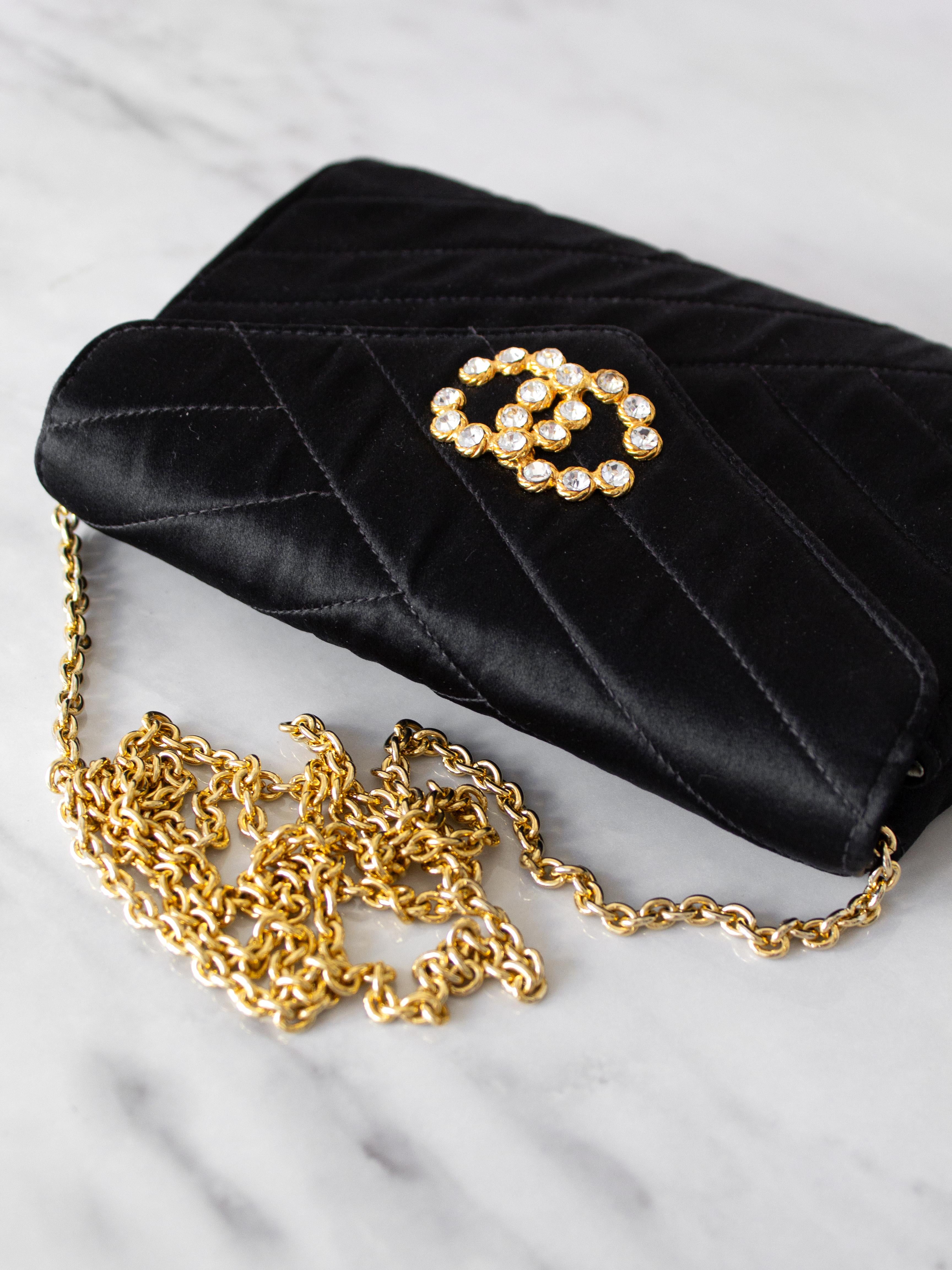 Chanel Vintage 1992 Black Gold Crystal Embellished CC Satin Diagonal Evening Bag For Sale 3