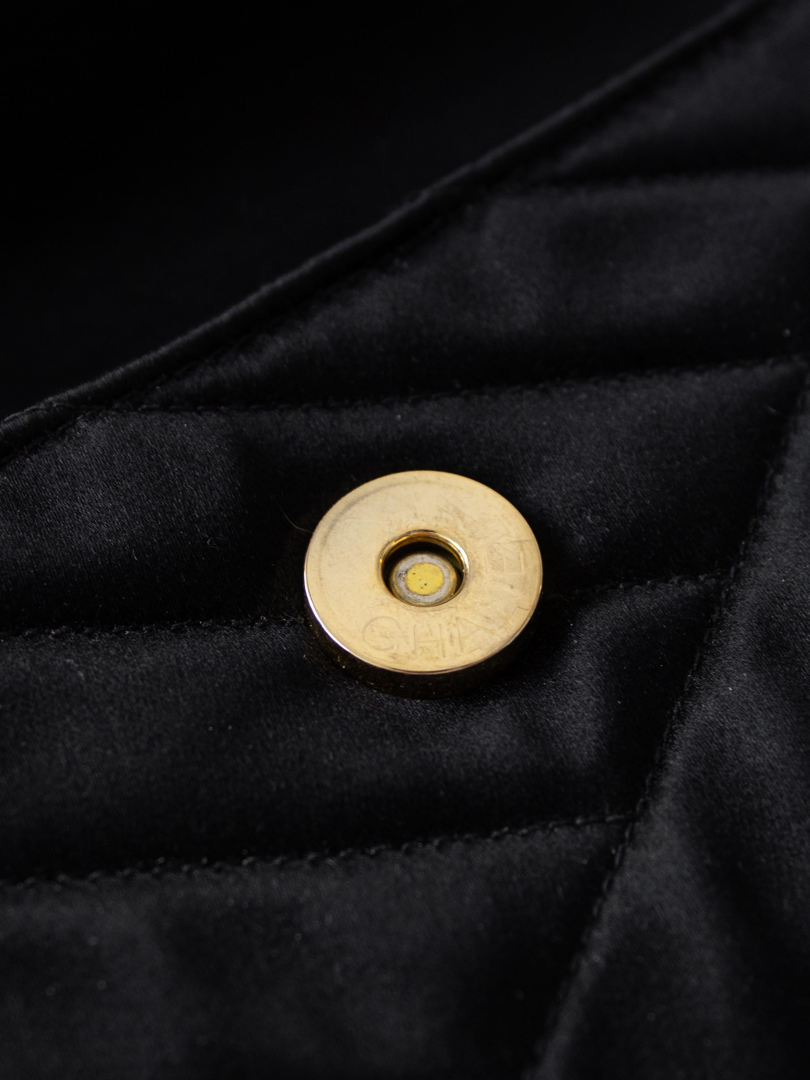 Chanel Vintage 1992 Black Gold Crystal Embellished CC Satin Diagonal Evening Bag For Sale 5