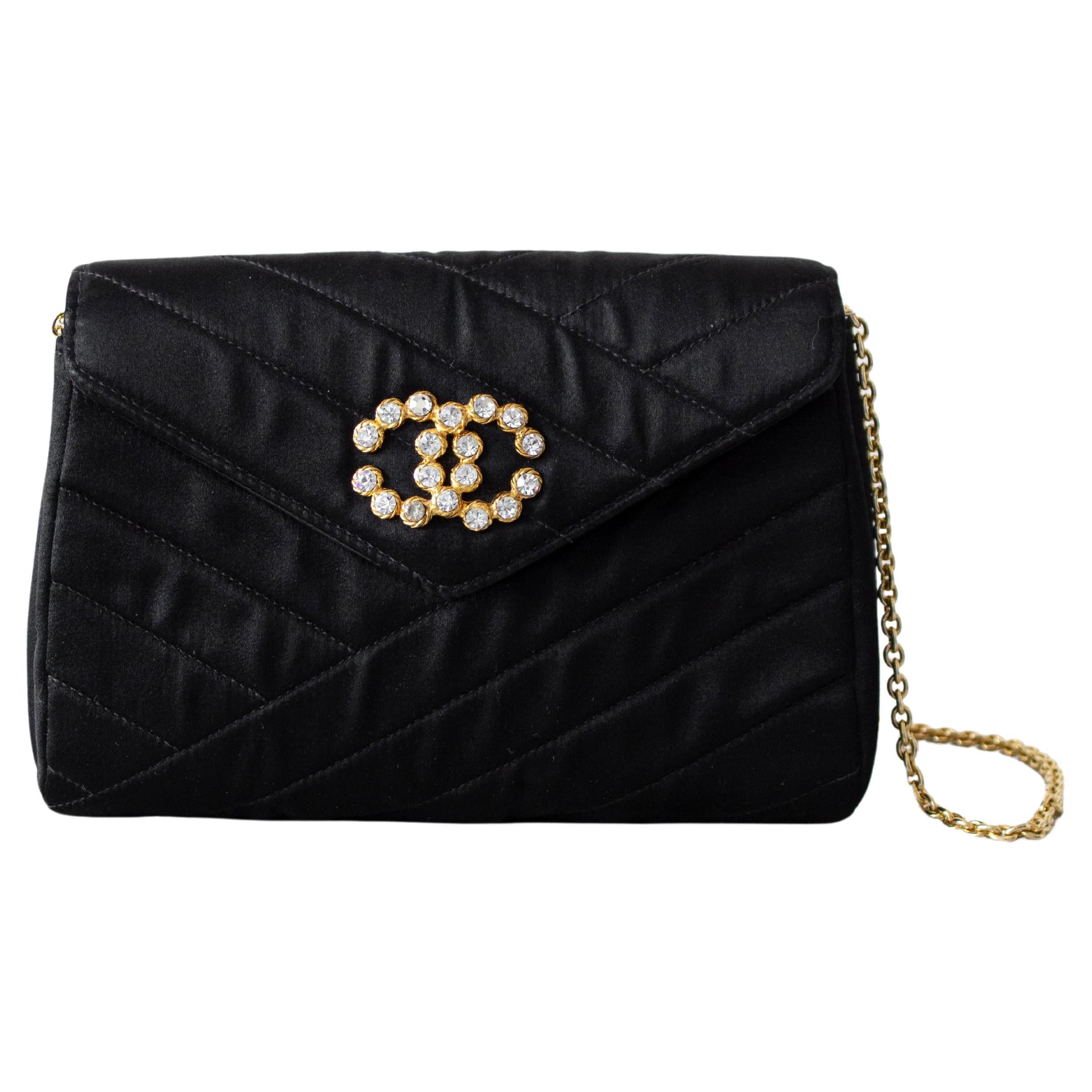 Chanel Vintage 1992 Black Gold Crystal Embellished CC Satin Diagonal Evening Bag For Sale