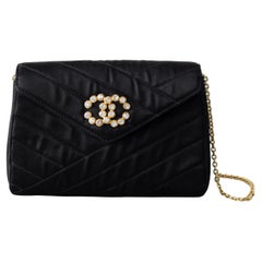 Chanel Used 1992 Black Gold Crystal Embellished CC Satin Diagonal Evening Bag