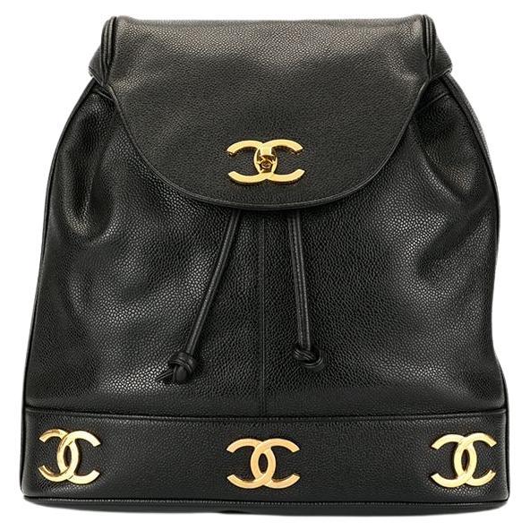 Chanel Vintage 1992 Drawstring  CC Rucksack Black Caviar Leather Backpack For Sale