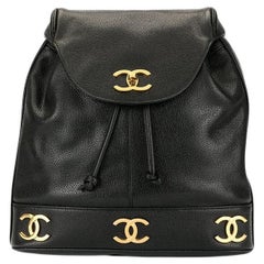 Chanel Used 1992 Drawstring  CC Rucksack Black Caviar Leather Backpack