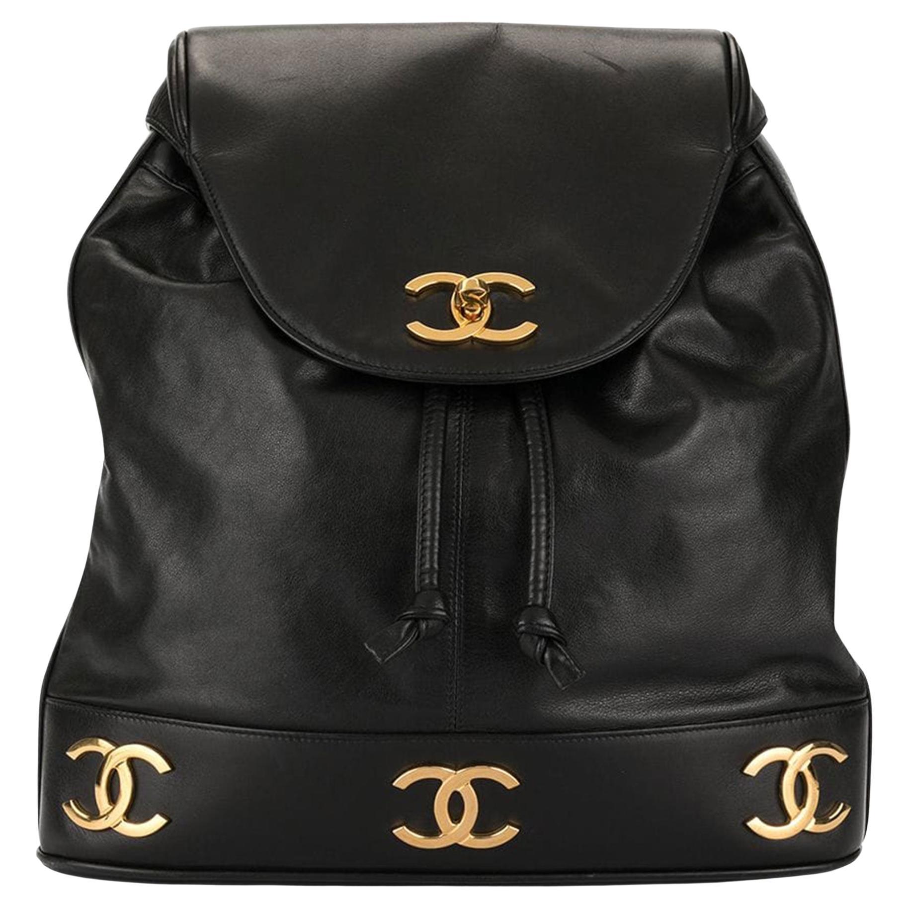 Chanel Vintage 1992 Drawstring CC Rucksack Black Lambskin Leather Backpack  For Sale at 1stDibs