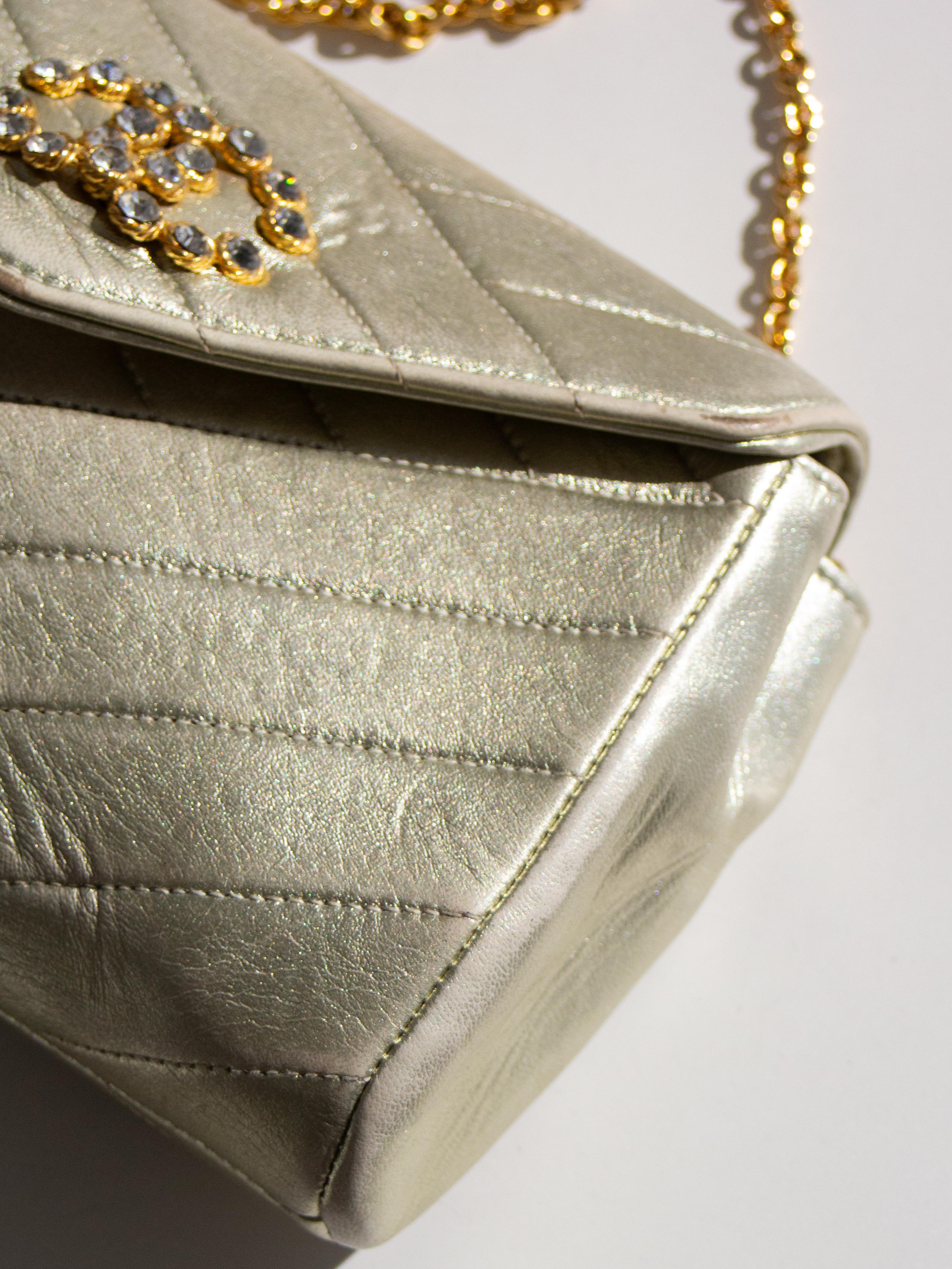 Chanel Vintage 1992 Gold Crystal Embellished CC Lambskin Bias Evening Clutch Bag For Sale 9