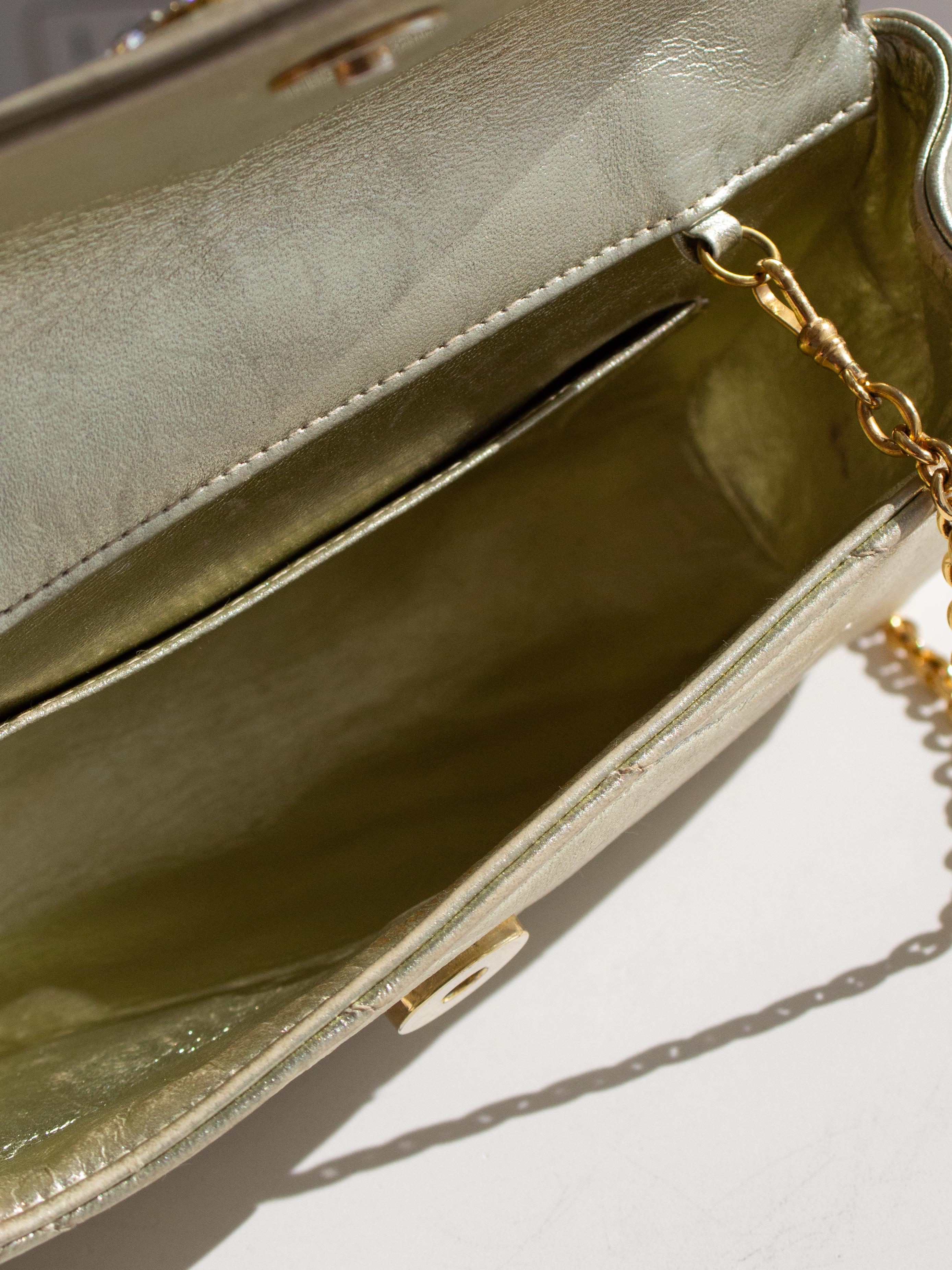 Chanel Vintage 1992 Gold Crystal Embellished CC Lambskin Bias Evening Clutch Bag For Sale 10
