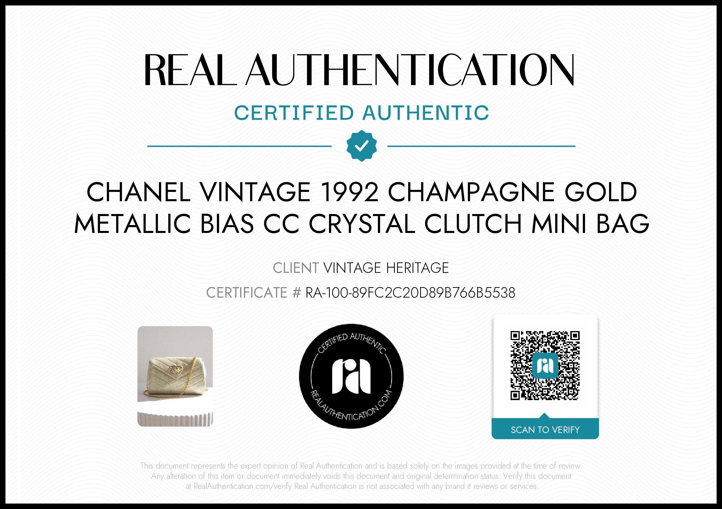 Introducing the champagne gold evening bag by Chanel, a timeless piece from 1992. This mini flap bag comes with a gold chain link shoulder strap and is meticulously crafted from metallic gold lambskin featuring Bias Stitch quilting. The interior