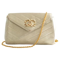 Chanel Vintage 1992 Gold Crystal Embellished CC Lambskin Bias Evening Clutch Bag