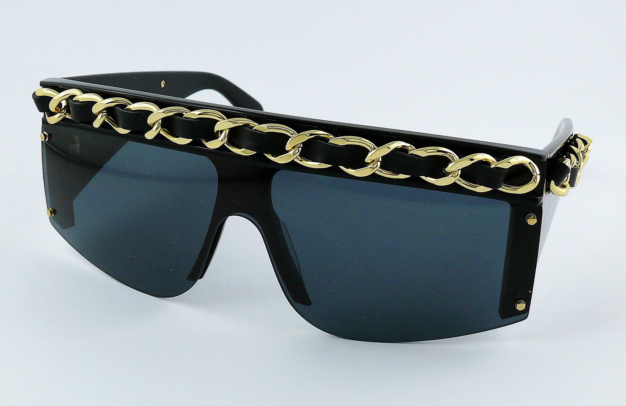 Black Chanel Vintage 1992 Iconic Leather Chain Sunglasses