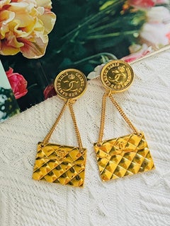Chanel Vintage 1992 Matelassé Logo CC Coco Coin Quilted Flap Bag Drop Earrings