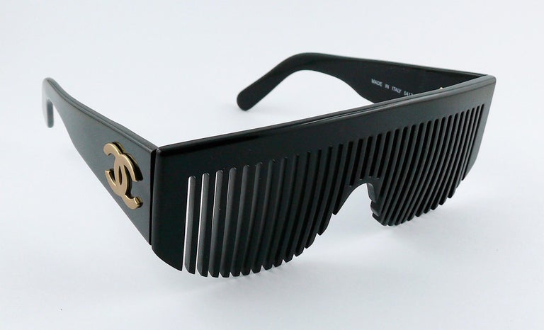 Chanel Vintage 1993 Black Comb Logo Sunglasses For Sale 1