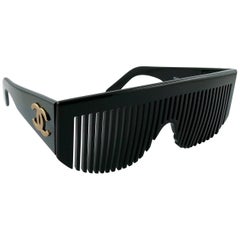 Chanel Vintage 1993 Black Comb Logo Sunglasses