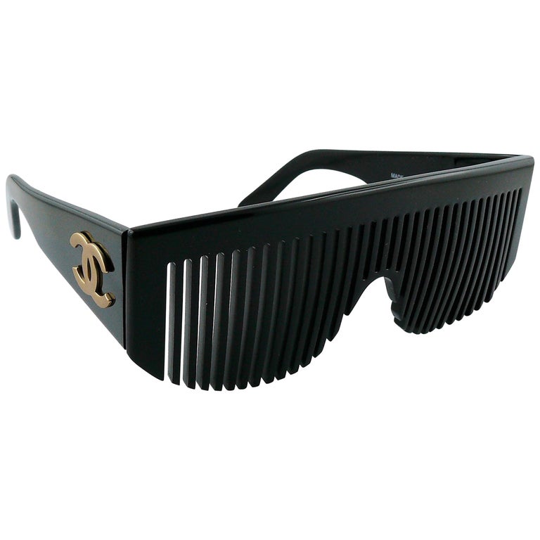 Chanel Vintage 1993 Black Comb Logo Sunglasses For Sale