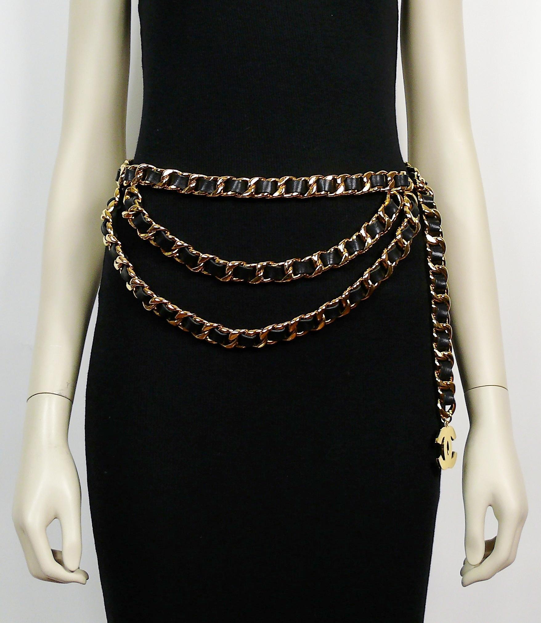 Black Chanel Vintage 1993 Gold Toned Chain and Leather Belt with Large CC Logo
