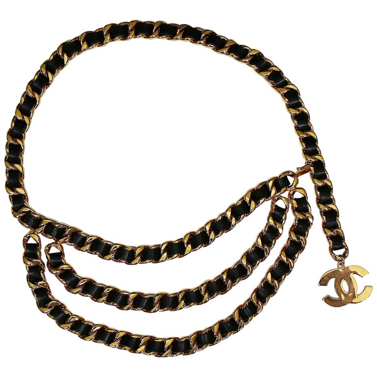 Chanel Vintage 1993 Gold Toned Chain Leather Belt with Large CC Logo 1stDibs | chanel leather belt, chanel belt, chain belt