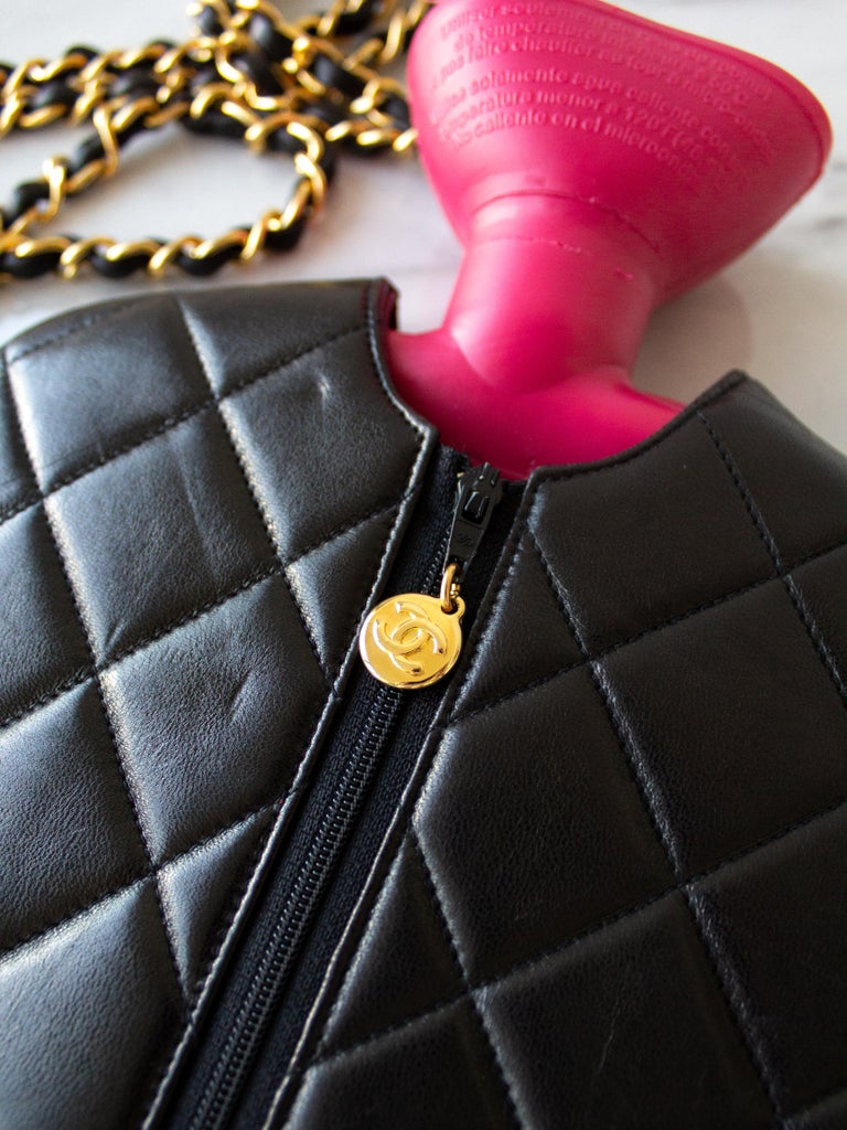 Chanel Vintage 1993 Hot Water Bottle Black Pink Lambskin Leather Gold Bag
