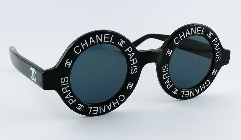 Chanel Vintage 1993 Iconic Chanel Paris CC Logo Round Black Runway  Sunglasses