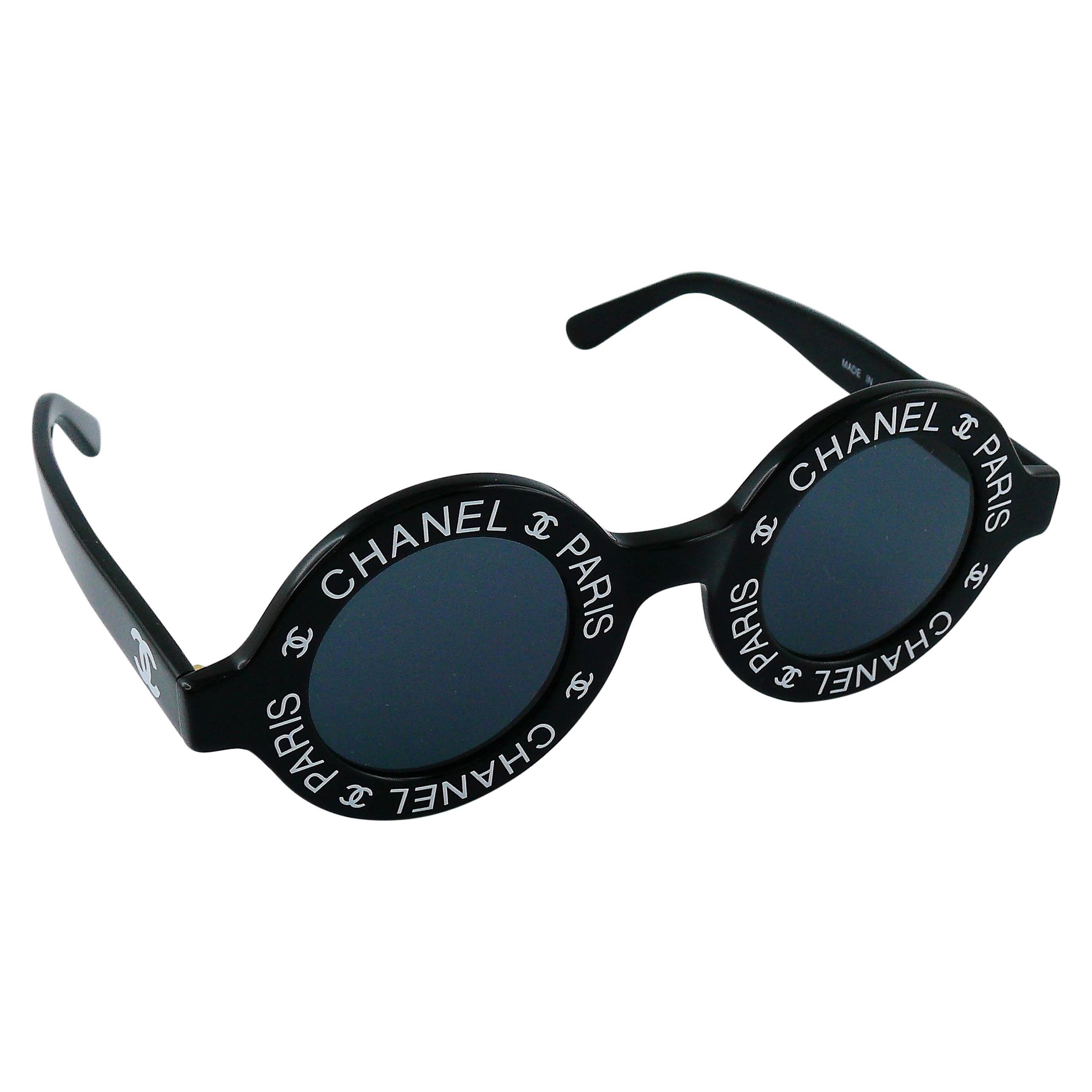 Chanel Vintage 1993 Iconic Chanel Paris CC Logo Round Black Runway Sunglasses