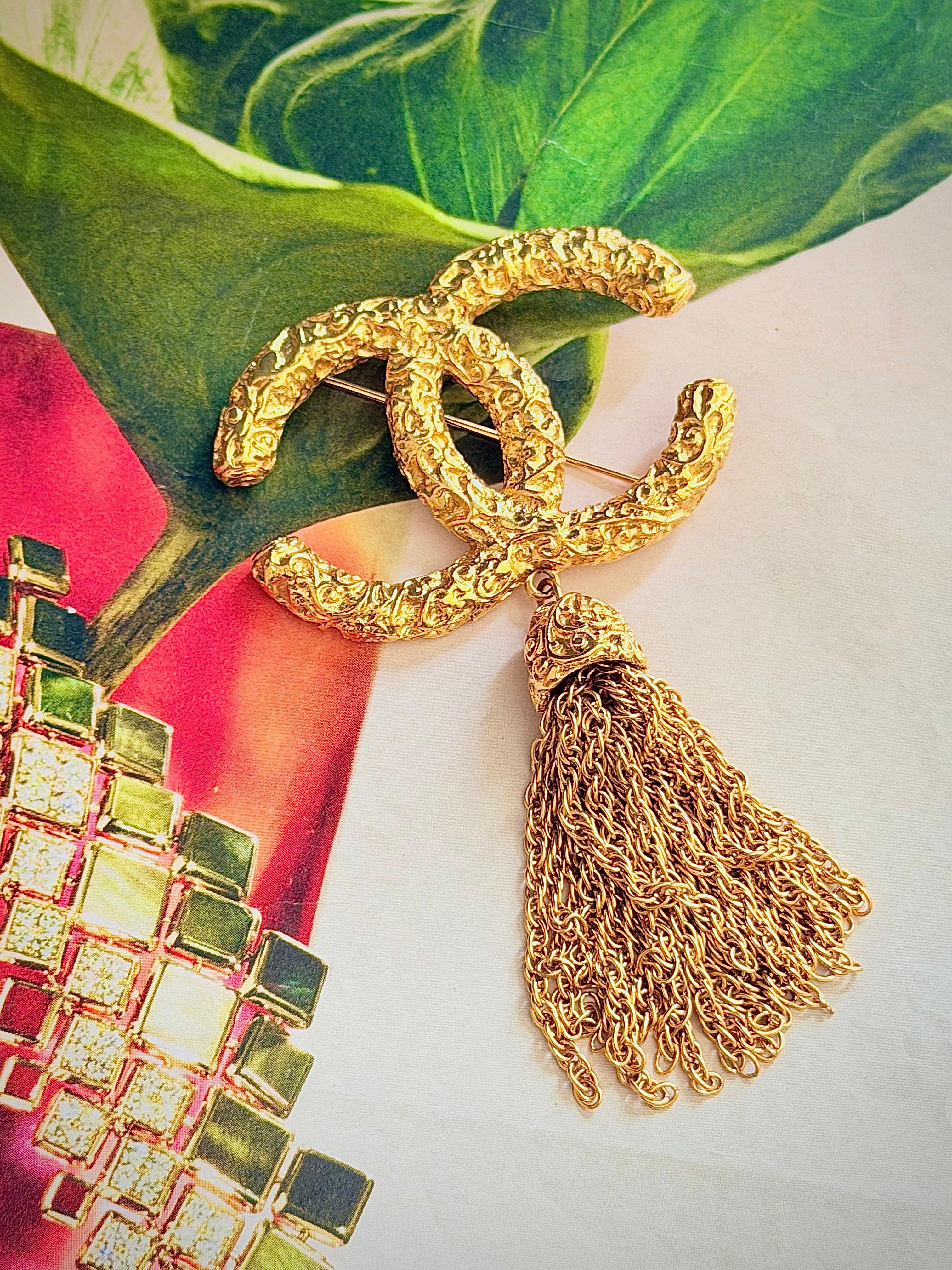 Chanel Vintage 1993 Iconic Gold Lava Logo Coco CC Tassel Fringe