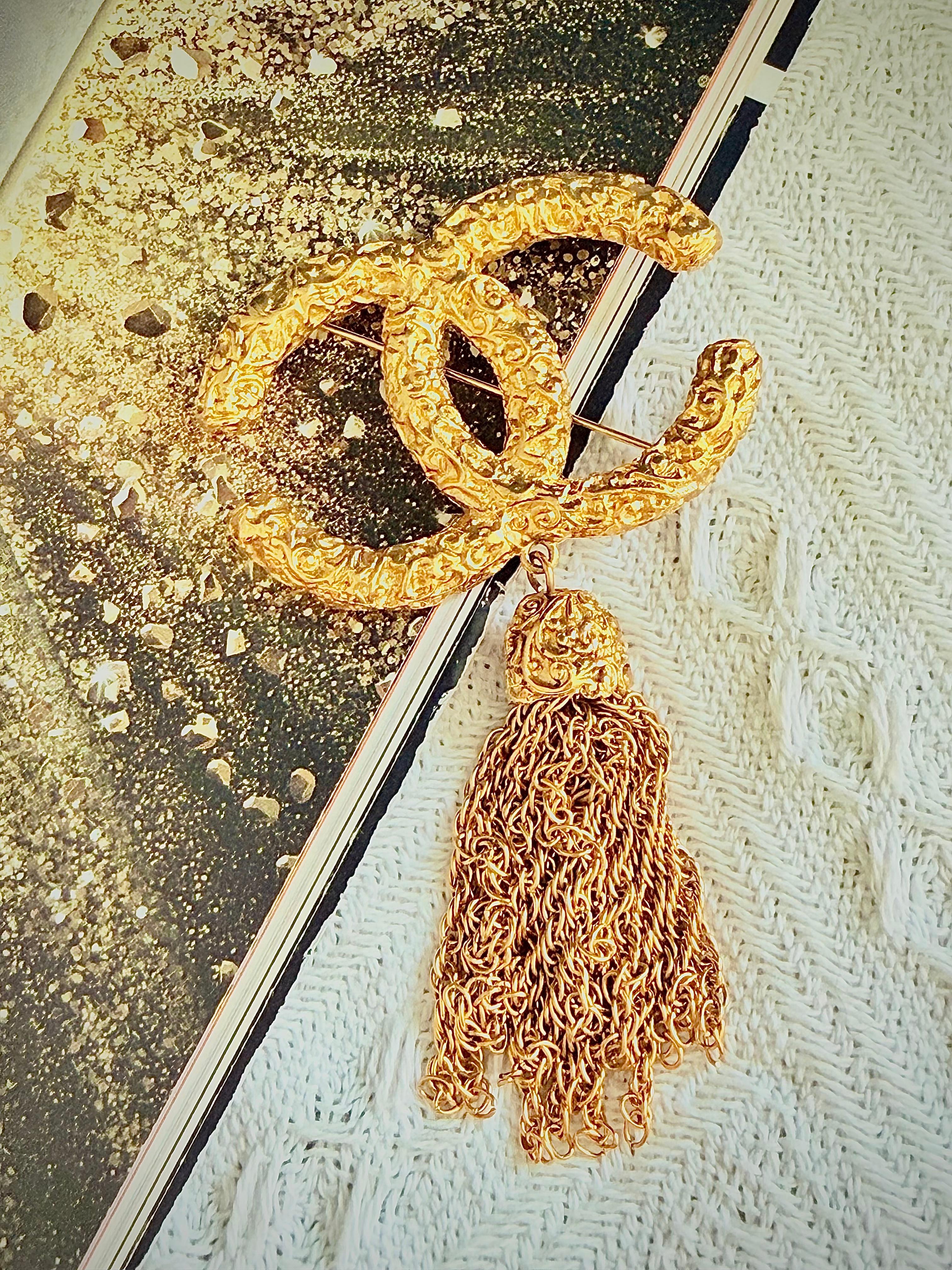 Chanel Vintage 1993 Iconic Gold Lava Logo Coco CC Tassel Fringe