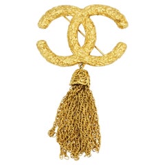 Chanel Vintage 1993 Iconic Gold Lava Logo Coco CC Tassel Fringe Chunky Brooch
