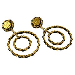Chanel Vintage 1993 Jumbo Logo Double Hoop Leather Chain Dangle Earrings