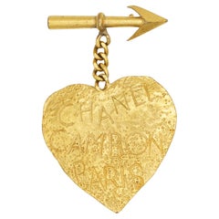 Chanel Vintage 1993 Logo CC Heart Cambon Paris Arrow Dangle Bow Chunky Brooch