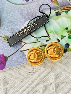 Chanel Vintage 1993 Logo Large CC Coco Glow Round Circle Button Clip Earrings
