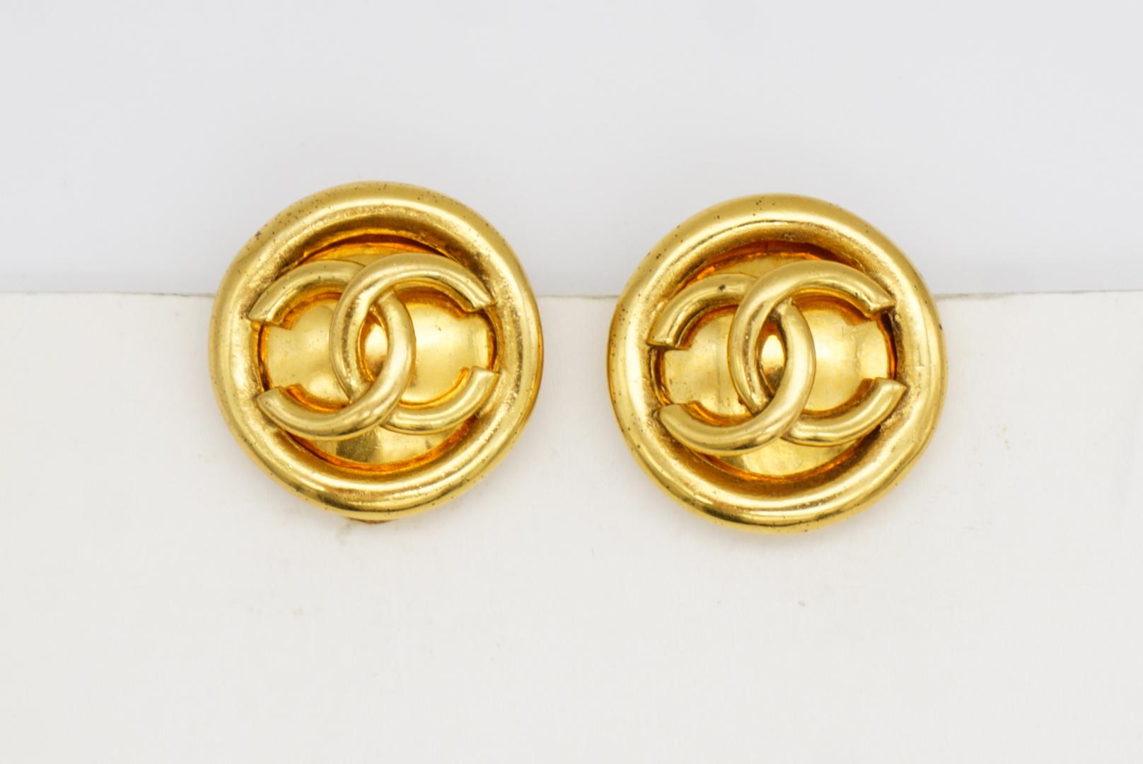 Chanel Vintage 1993 Logo Large CC Coco Glow Round Circle Button Clip Earrings