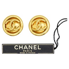 Chanel Vintage 1993 Rare Gold Large Coco Glow Round Circle Button Clip Earrings