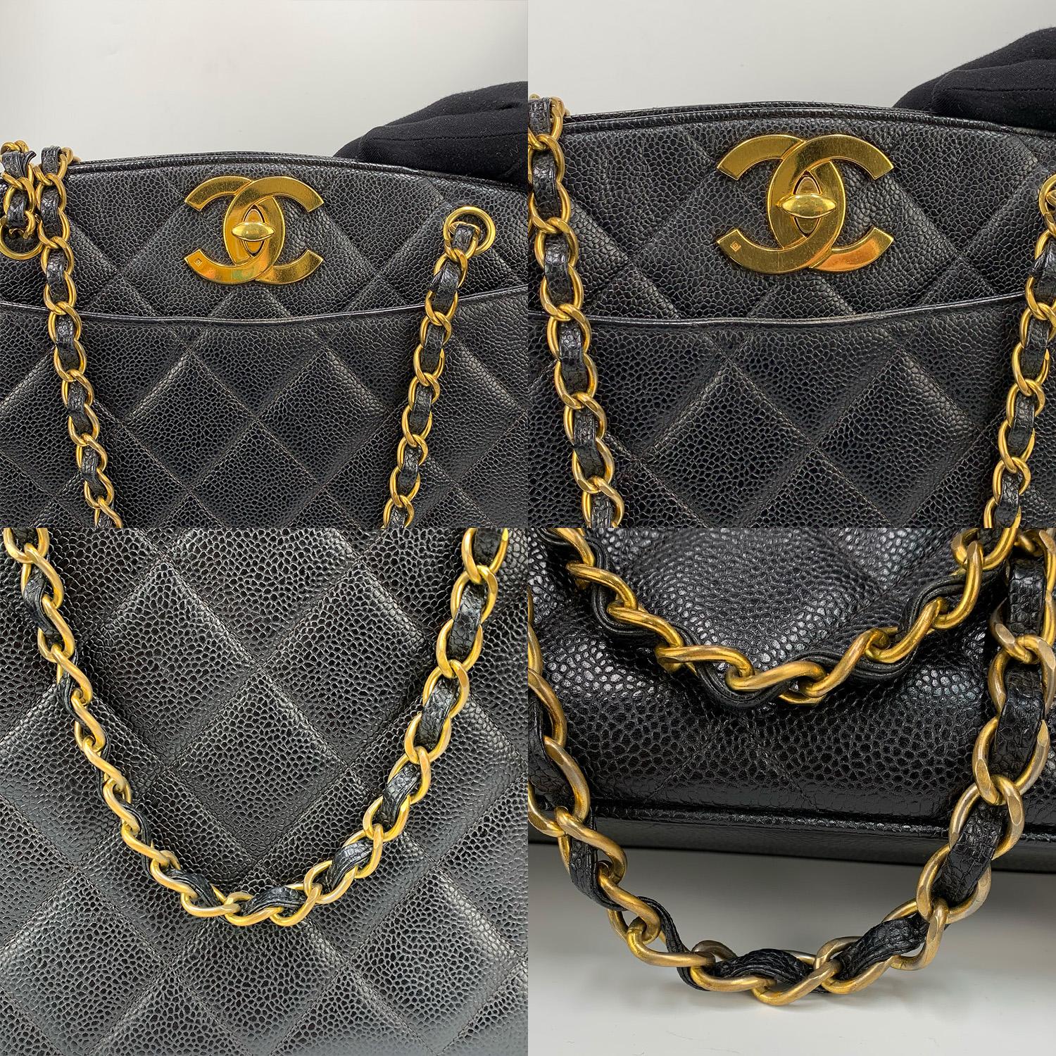 Chanel Vintage 1994 - 1996 Black Caviar Shoulder Tote Gold Hardware For Sale 11