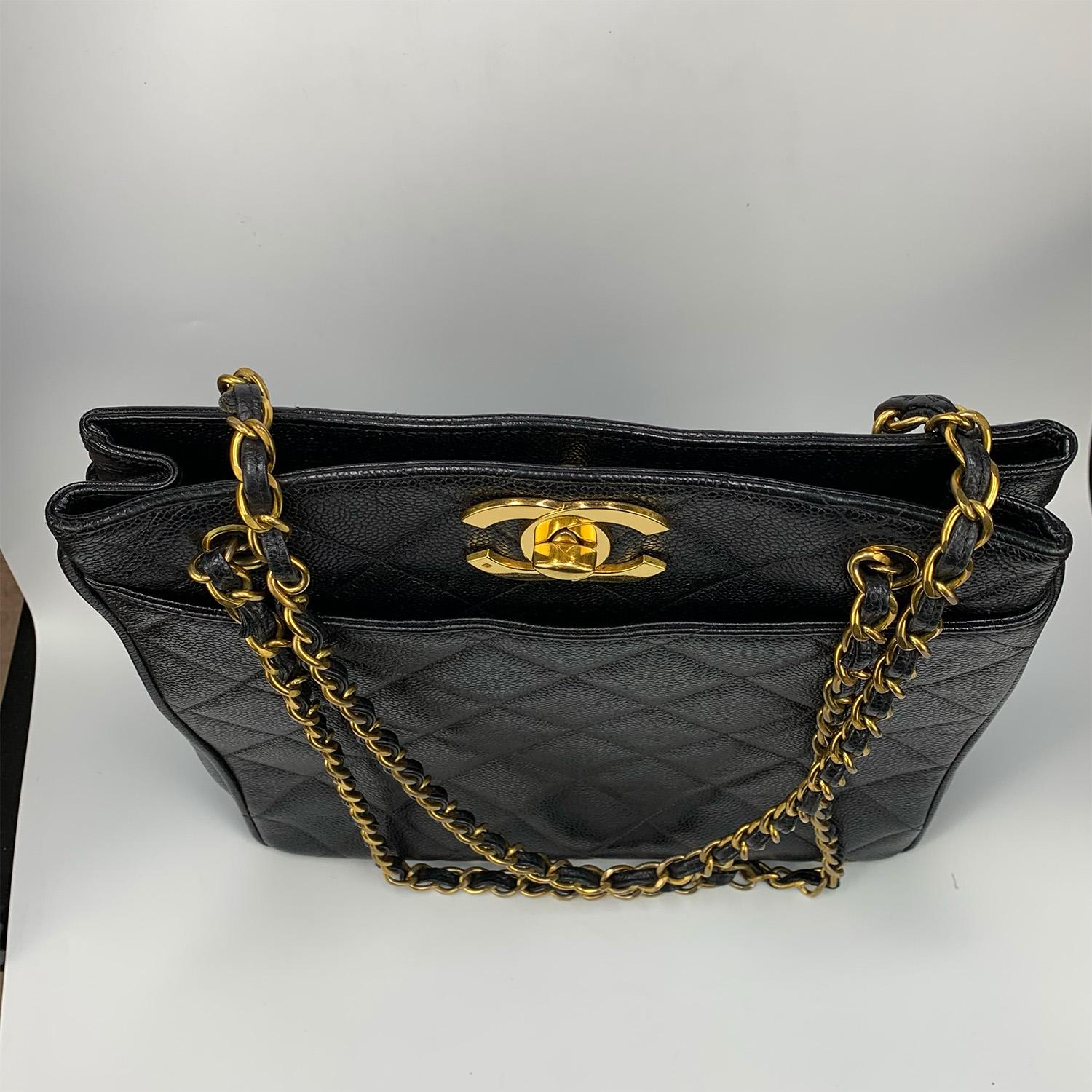 Chanel Vintage 1994 - 1996 Black Caviar Shoulder Tote Gold Hardware For Sale 6