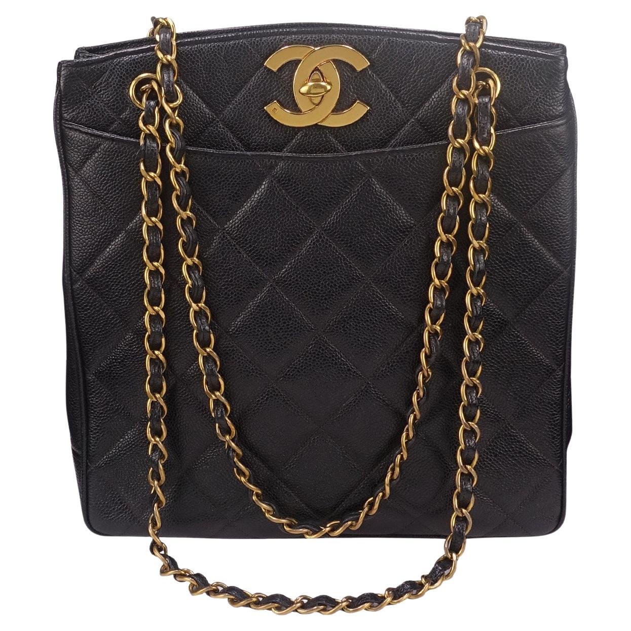 Chanel Vintage 1994 - 1996 Black Caviar Shoulder Tote Gold Hardware For Sale