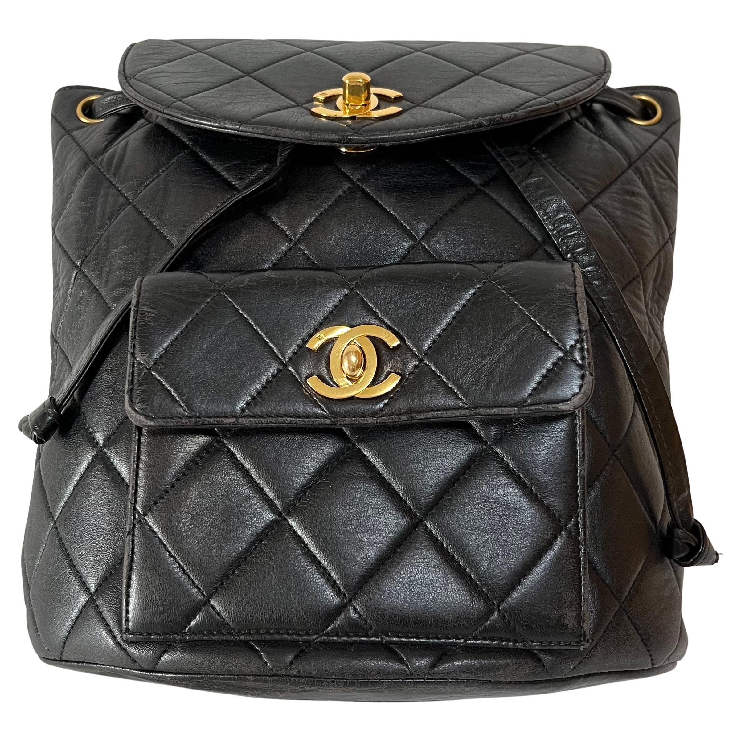 Chanel Vintage 1994-1996 Duma Backpack Black Lambskin Leather Gold Hardware For Sale