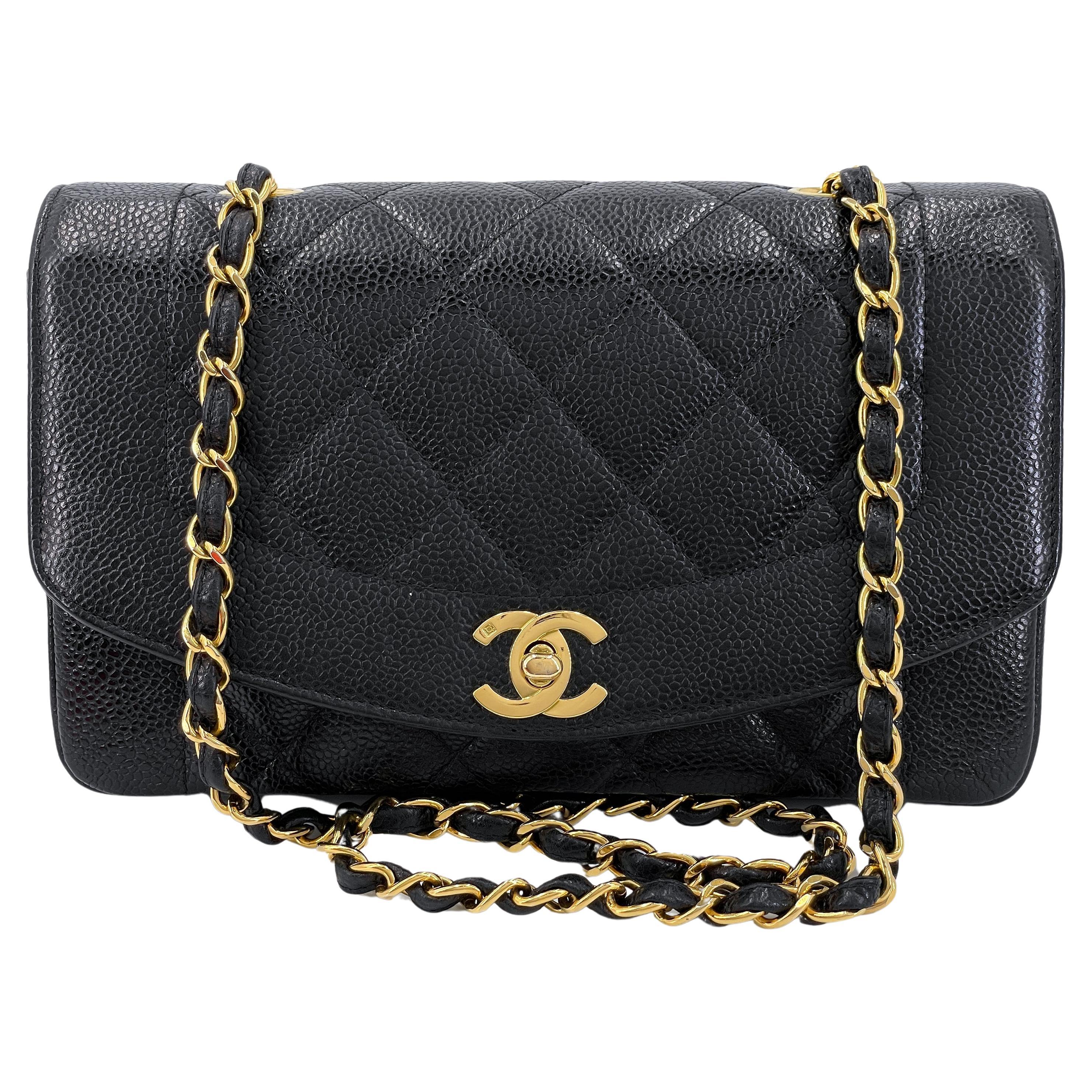 Chanel Vintage 1994 Black Caviar Small Diana Flap Bag 24k GHW 67643 For Sale