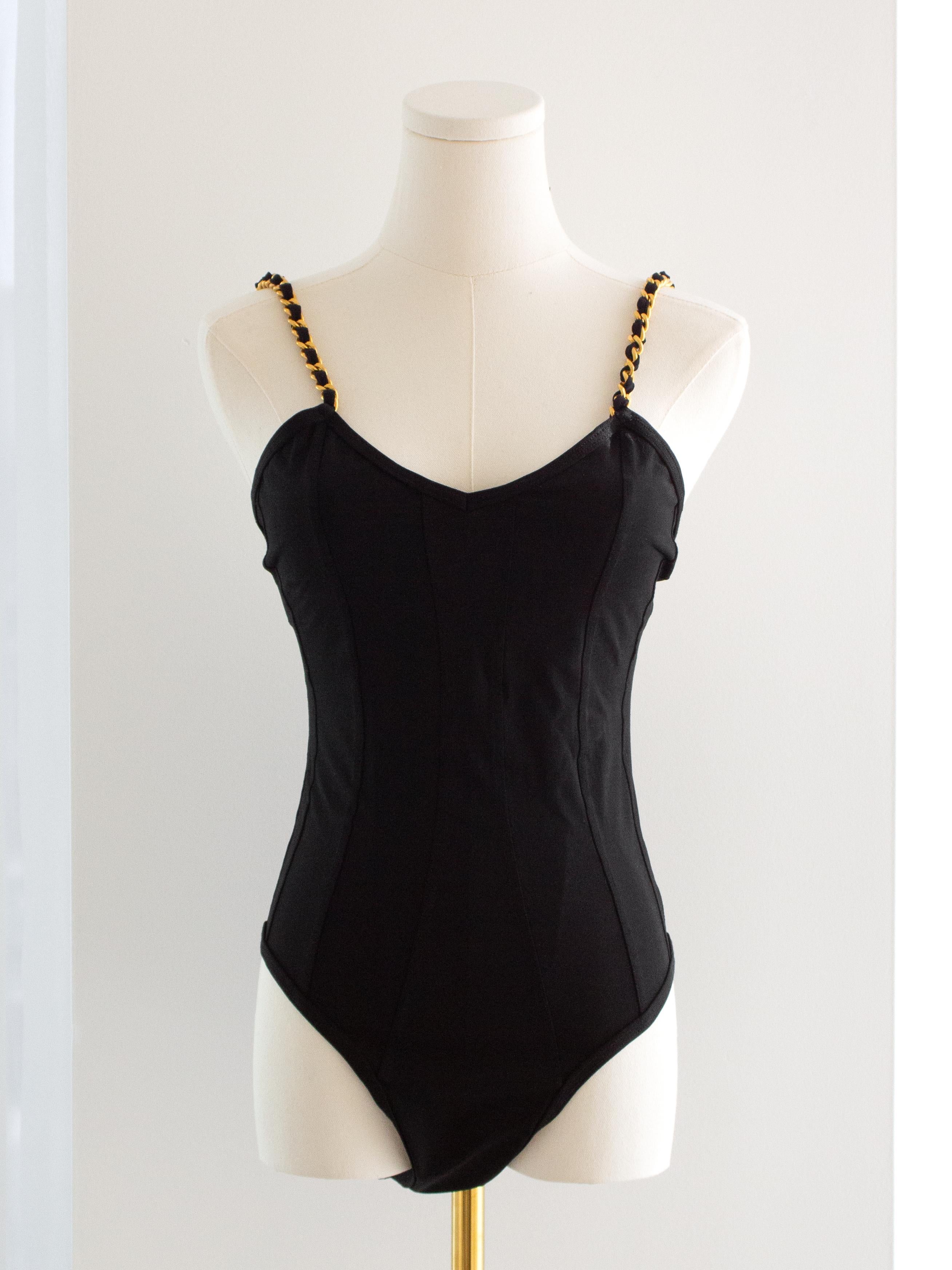 Chanel Vintage 1994 Black Gold Chain Strap Corset Swimsuit Bodysuit In Good Condition For Sale In Jersey City, NJ