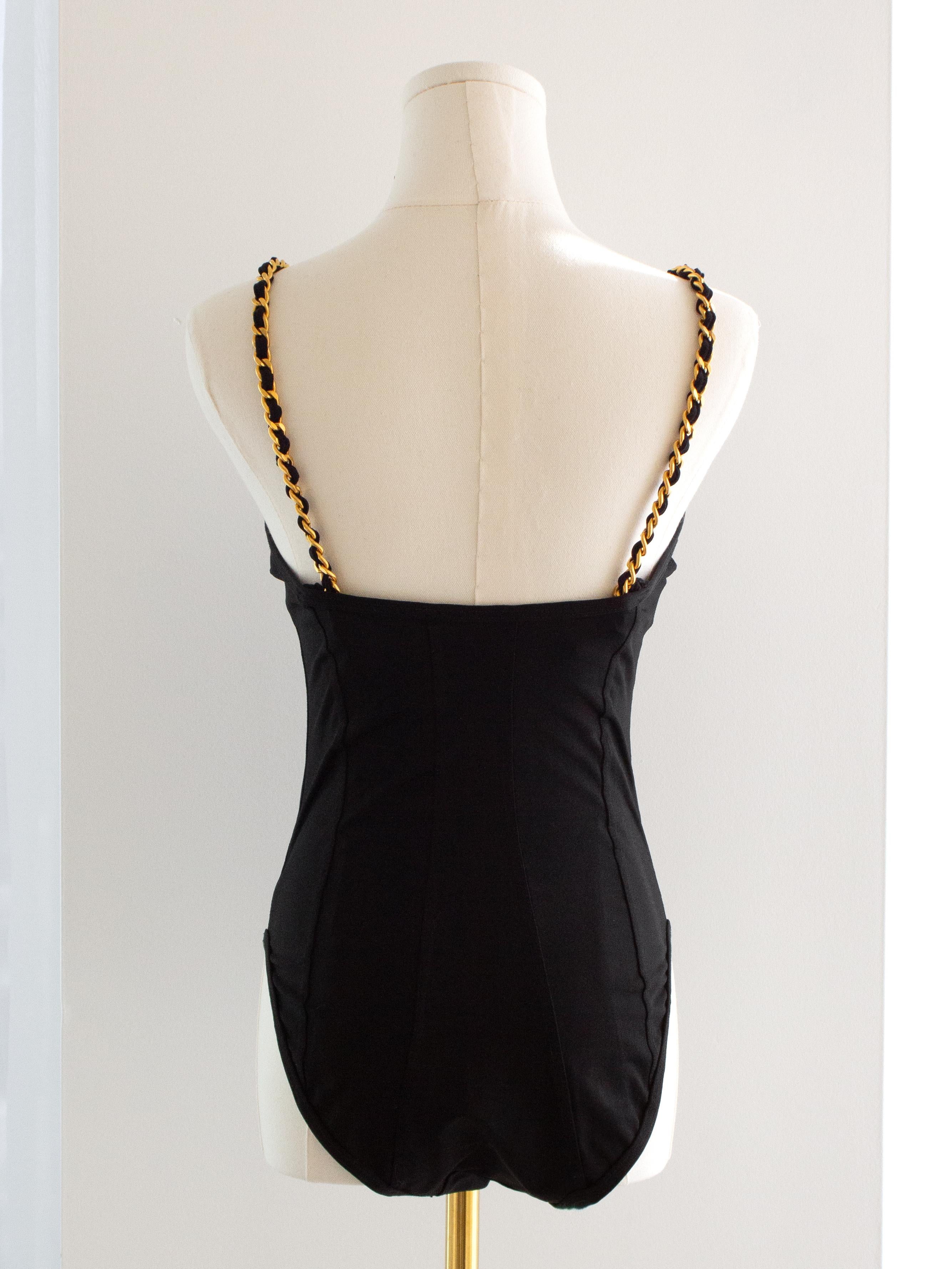 Women's Chanel Vintage 1994 Black Gold Chain Strap Corset Swimsuit Bodysuit For Sale
