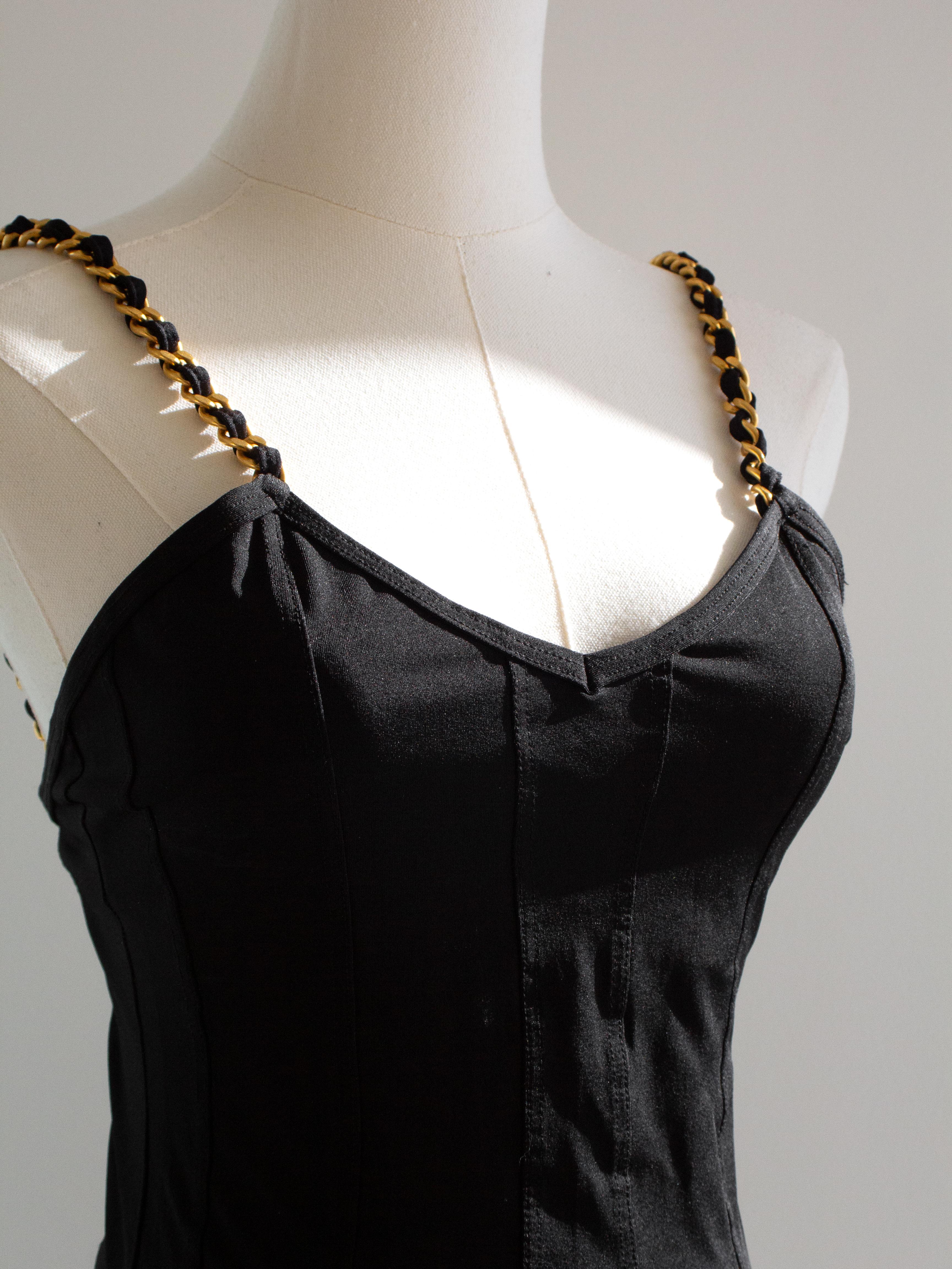 Chanel Vintage 1994 Black Gold Chain Strap Corset Swimsuit Bodysuit For Sale 1