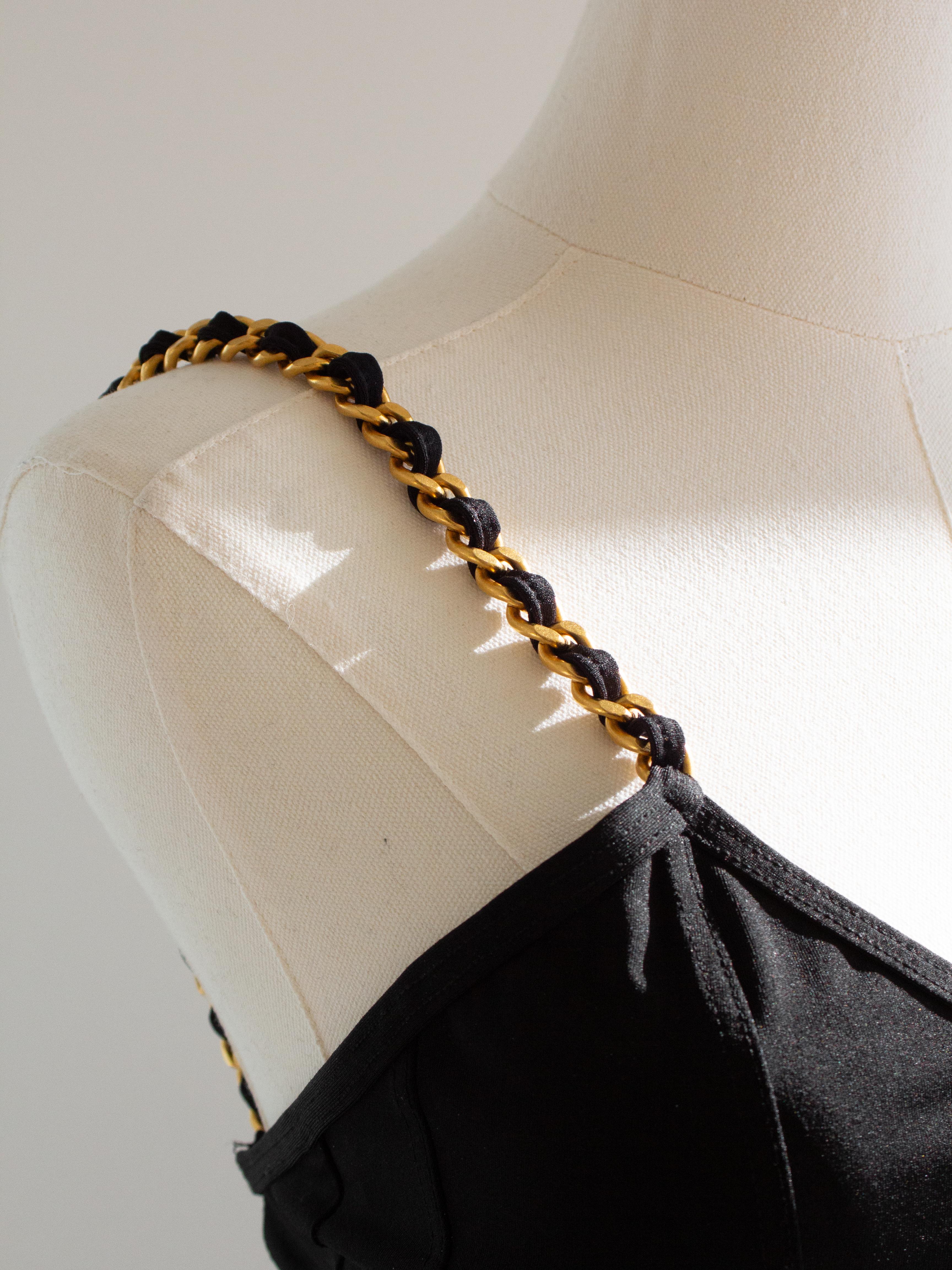 Chanel Vintage 1994 Black Gold Chain Strap Corset Swimsuit Bodysuit For Sale 2