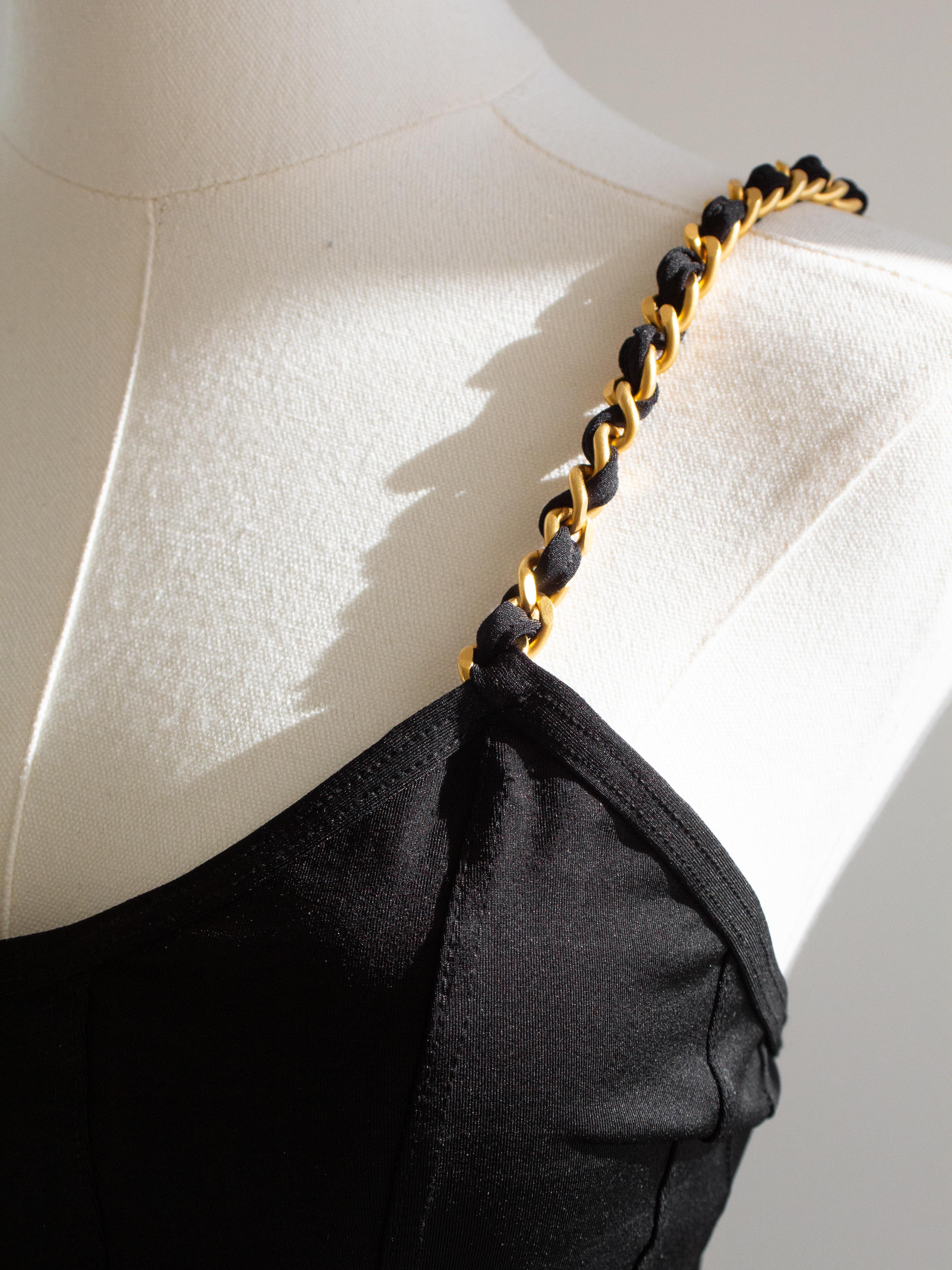 Chanel Vintage 1994 Black Gold Chain Strap Corset Swimsuit Bodysuit For Sale 4